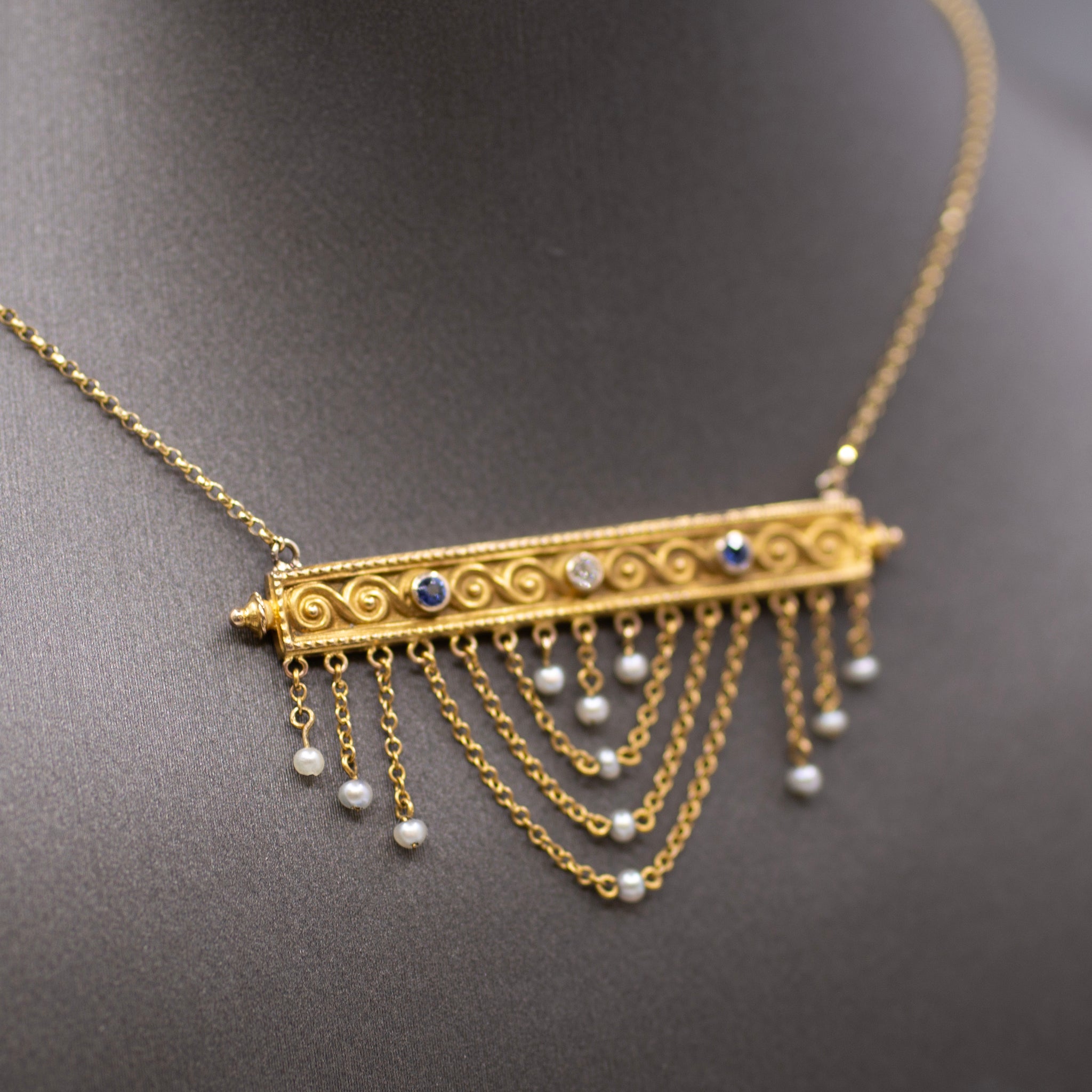  Victorian Sapphire Diamond Pearl Swag Pendant Necklace 10k Gold on 14k Yellow Gold Chain