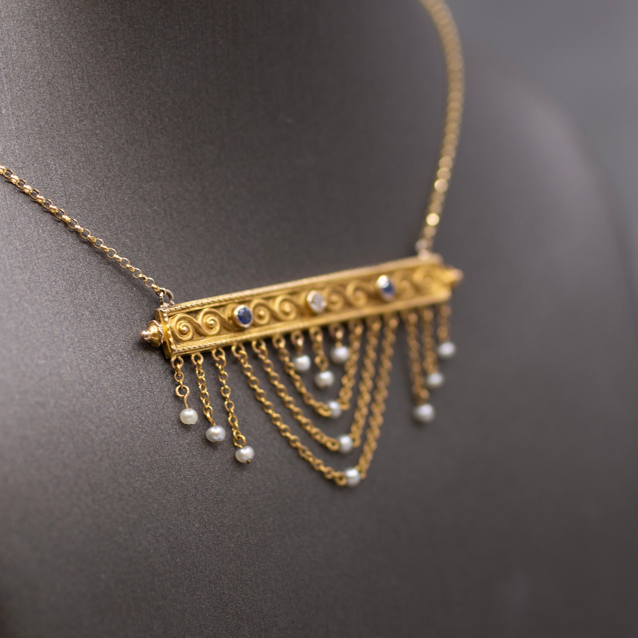  Victorian Sapphire Diamond Pearl Swag Pendant Necklace 10k Gold on 14k Yellow Gold Chain