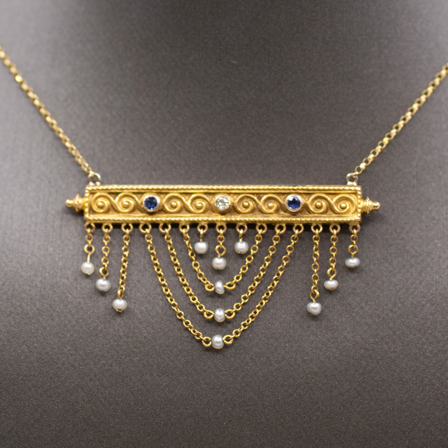  Victorian Sapphire Diamond Pearl Swag Pendant Necklace 10k Gold on 14k Yellow Gold Chain
