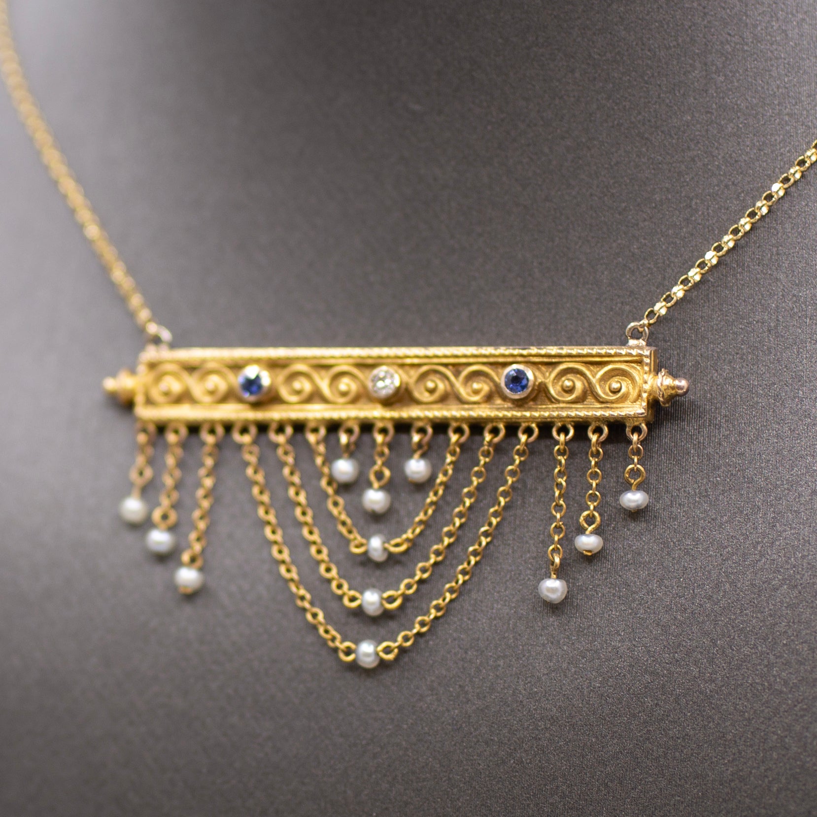  Victorian Sapphire Diamond Pearl Swag Pendant Necklace 10k Gold on 14k Yellow Gold Chain