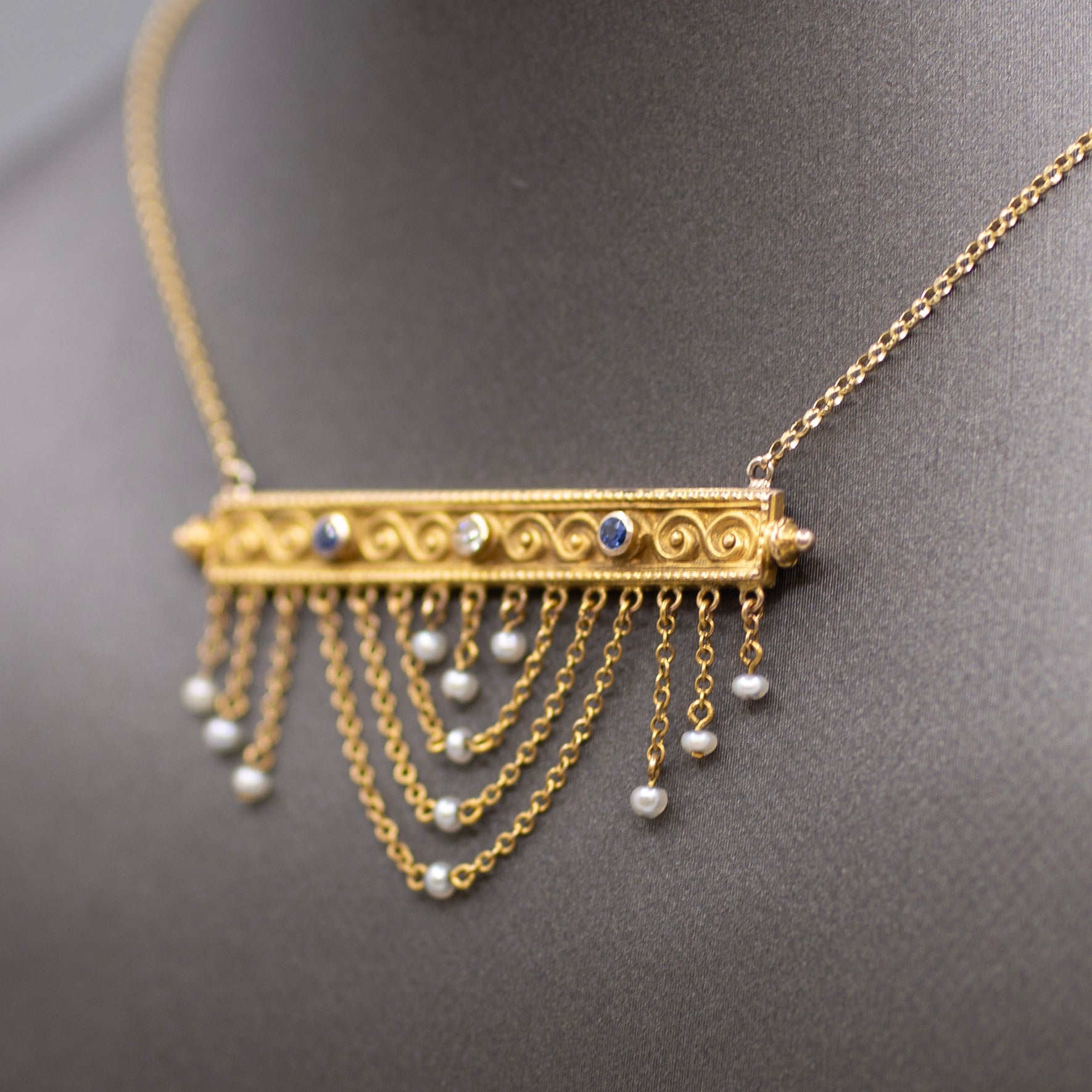  Victorian Sapphire Diamond Pearl Swag Pendant Necklace 10k Gold on 14k Yellow Gold Chain