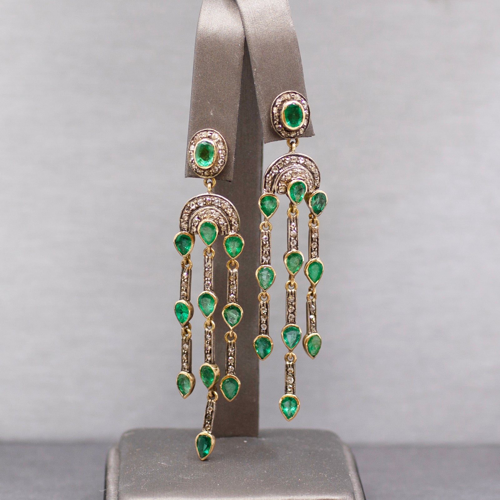 Vintage Emerald and Rose Cut Diamond Dangle Earrings in 14k and Sterling Silver