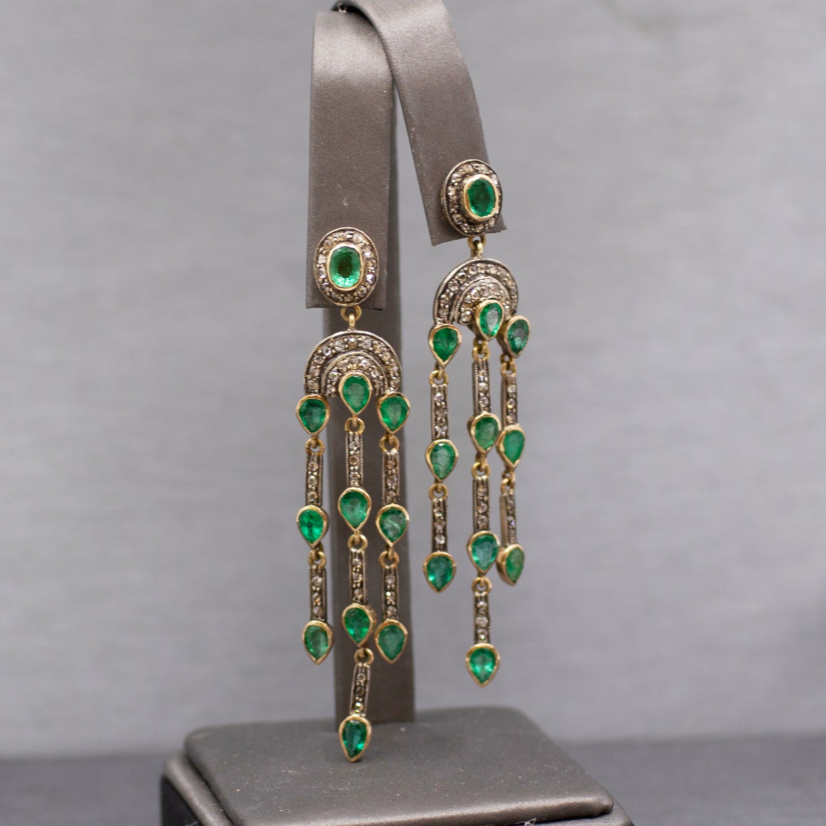 Vintage Emerald and Rose Cut Diamond Dangle Earrings in 14k and Sterling Silver