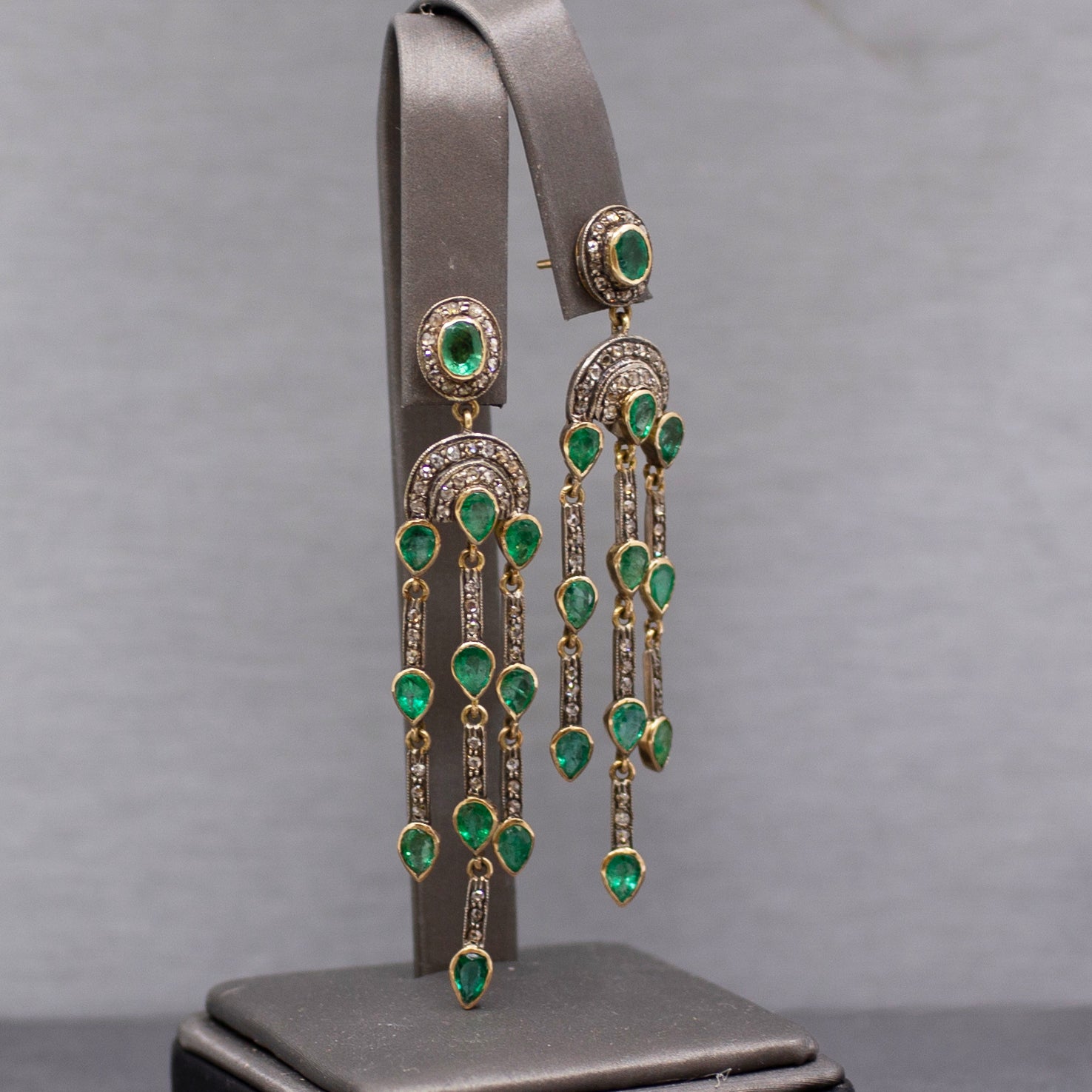 Vintage Emerald and Rose Cut Diamond Dangle Earrings in 14k and Sterling Silver
