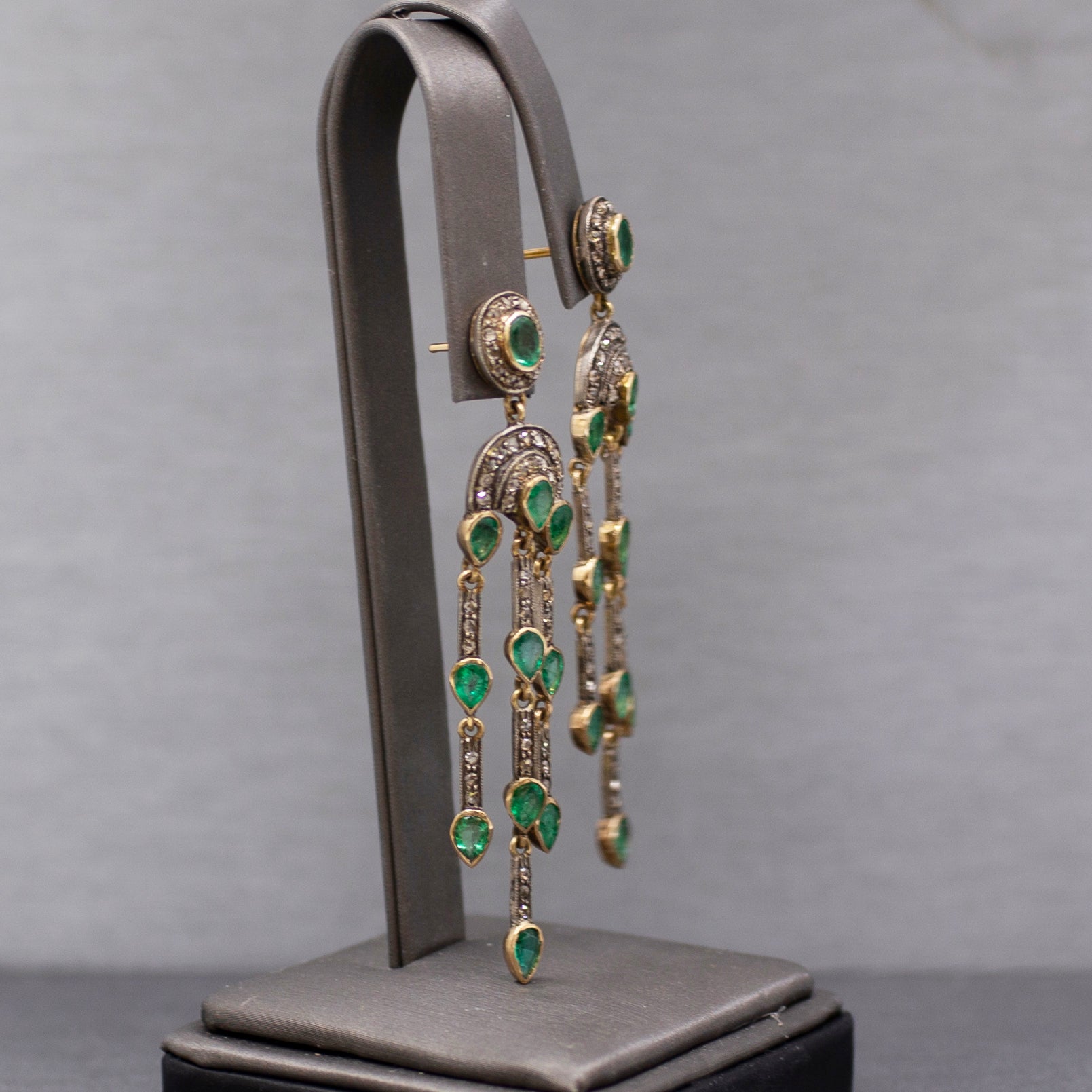 Vintage Emerald and Rose Cut Diamond Dangle Earrings in 14k and Sterling Silver