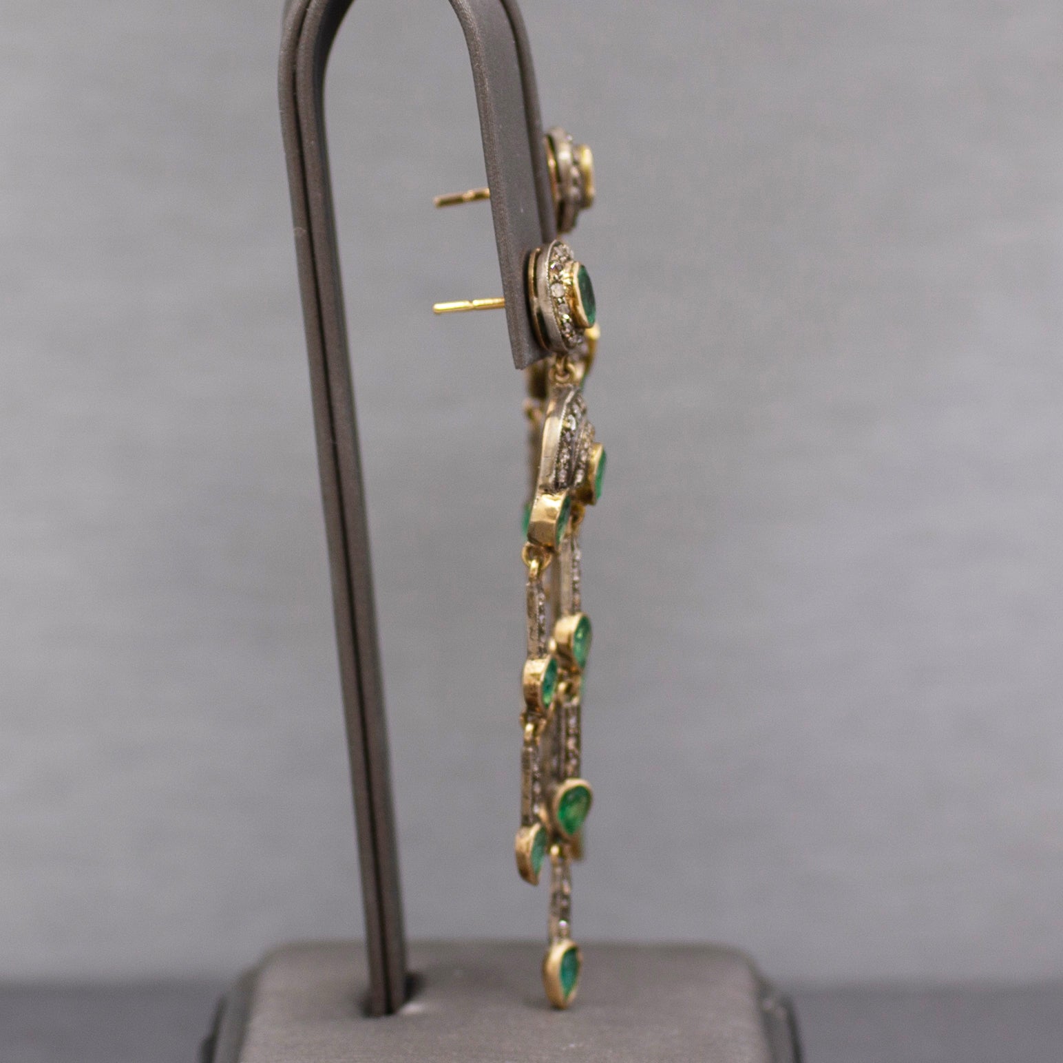 Vintage Emerald and Rose Cut Diamond Dangle Earrings in 14k and Sterling Silver