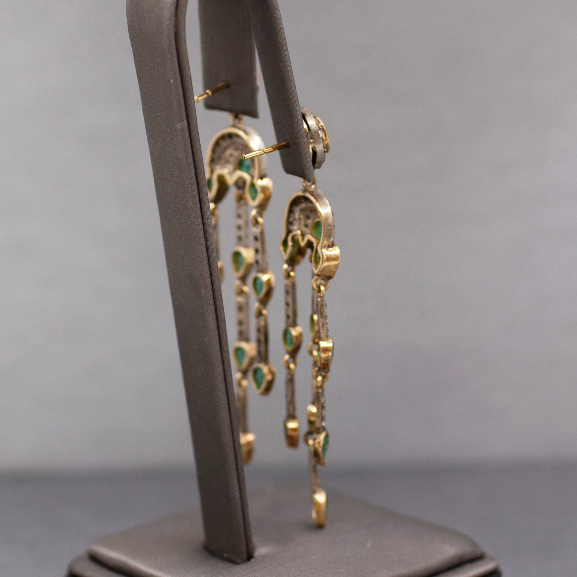 Vintage Emerald and Rose Cut Diamond Dangle Earrings in 14k and Sterling Silver