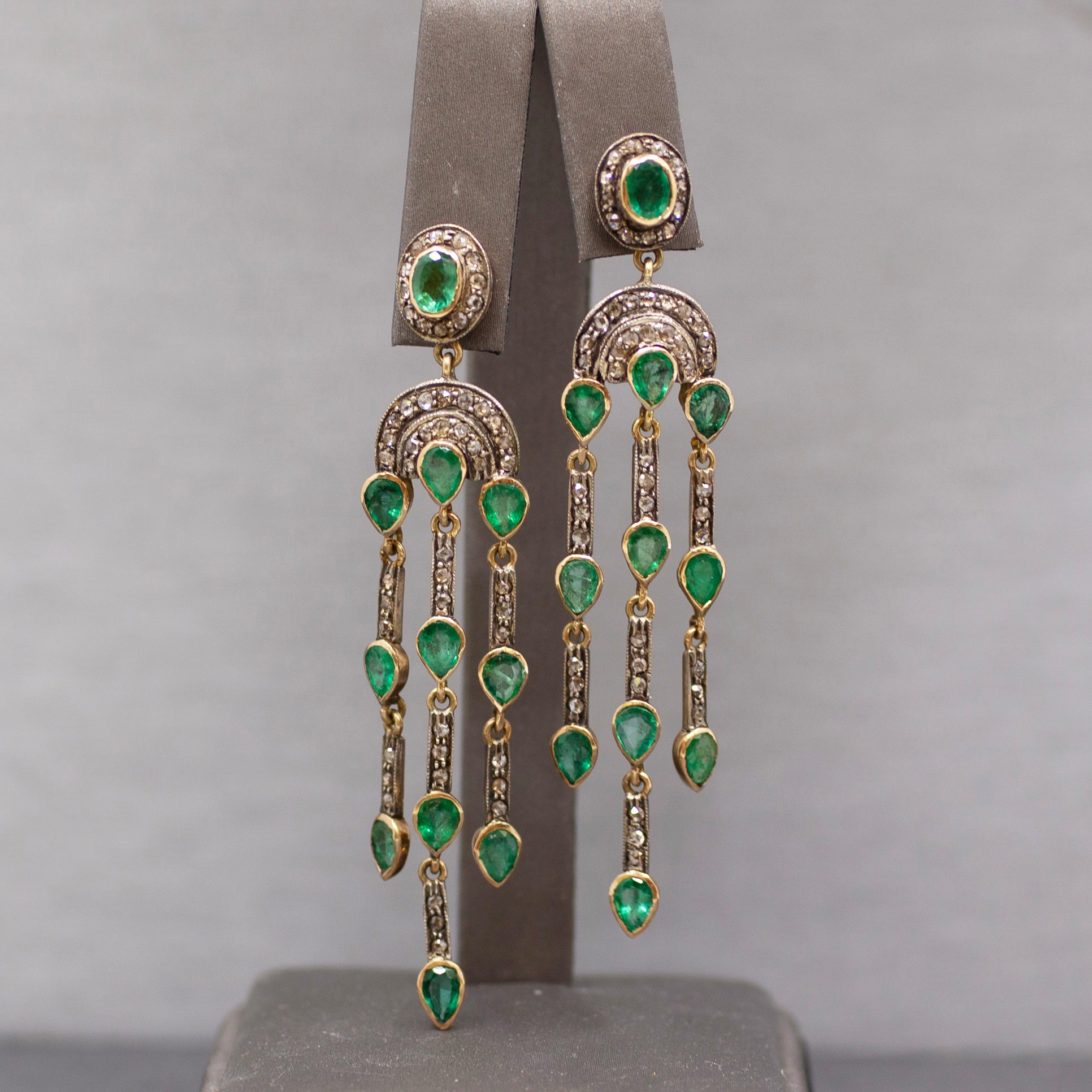 Vintage Emerald and Rose Cut Diamond Dangle Earrings in 14k and Sterling Silver