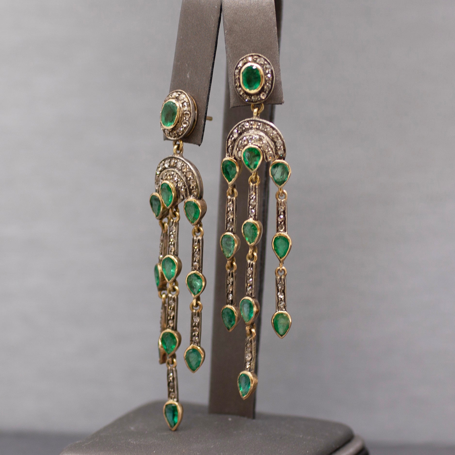 Vintage Emerald and Rose Cut Diamond Dangle Earrings in 14k and Sterling Silver