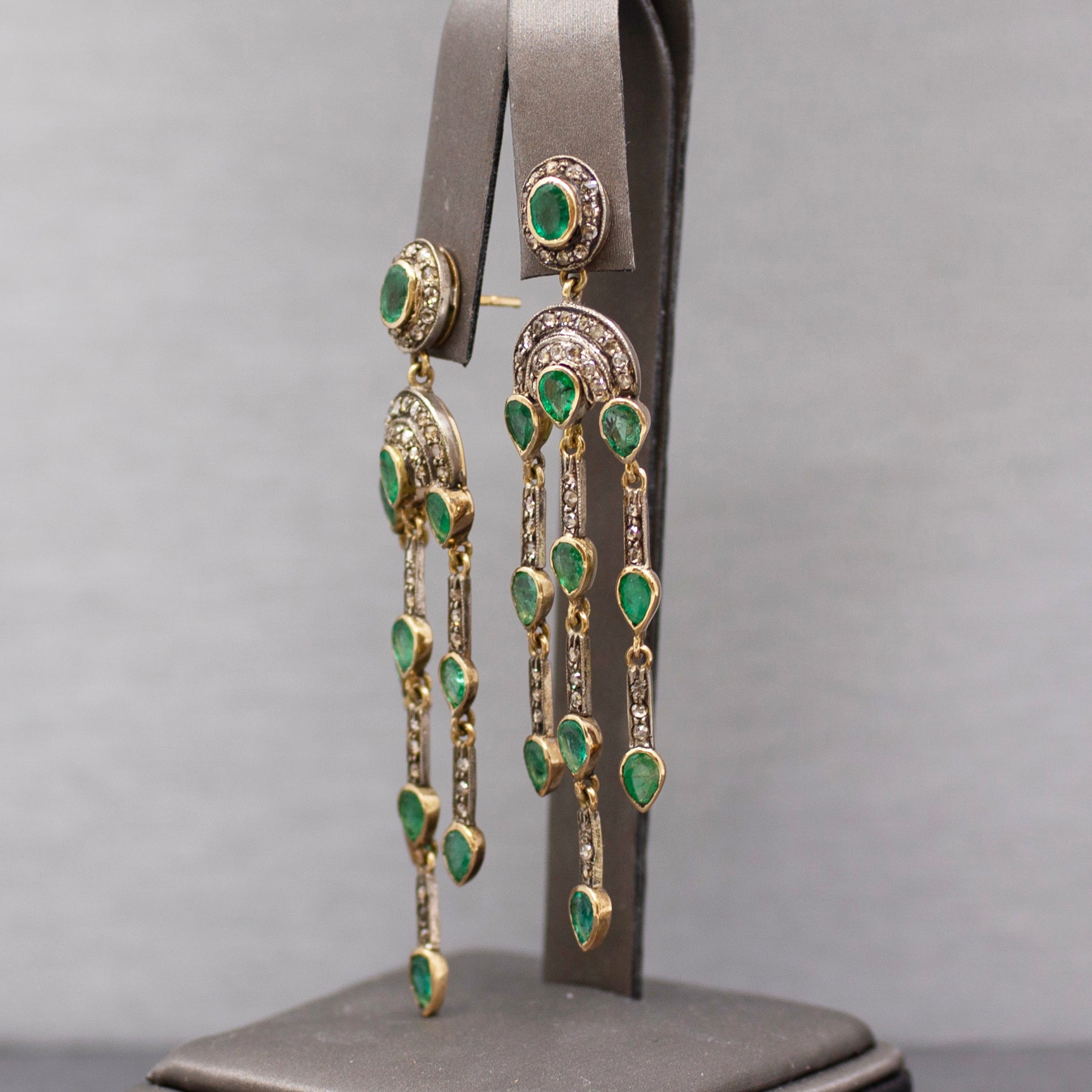 Vintage Emerald and Rose Cut Diamond Dangle Earrings in 14k and Sterling Silver