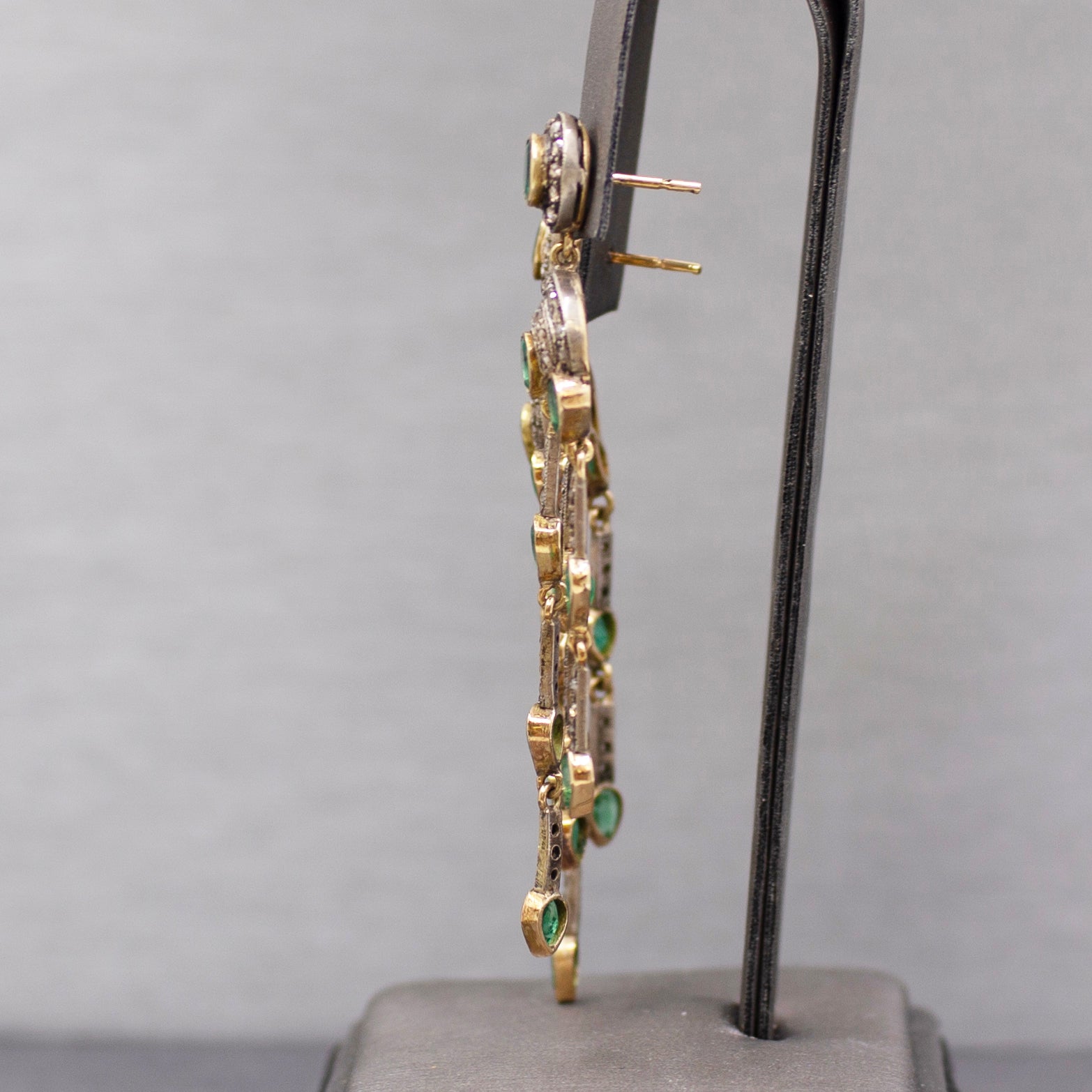 Vintage Emerald and Rose Cut Diamond Dangle Earrings in 14k and Sterling Silver