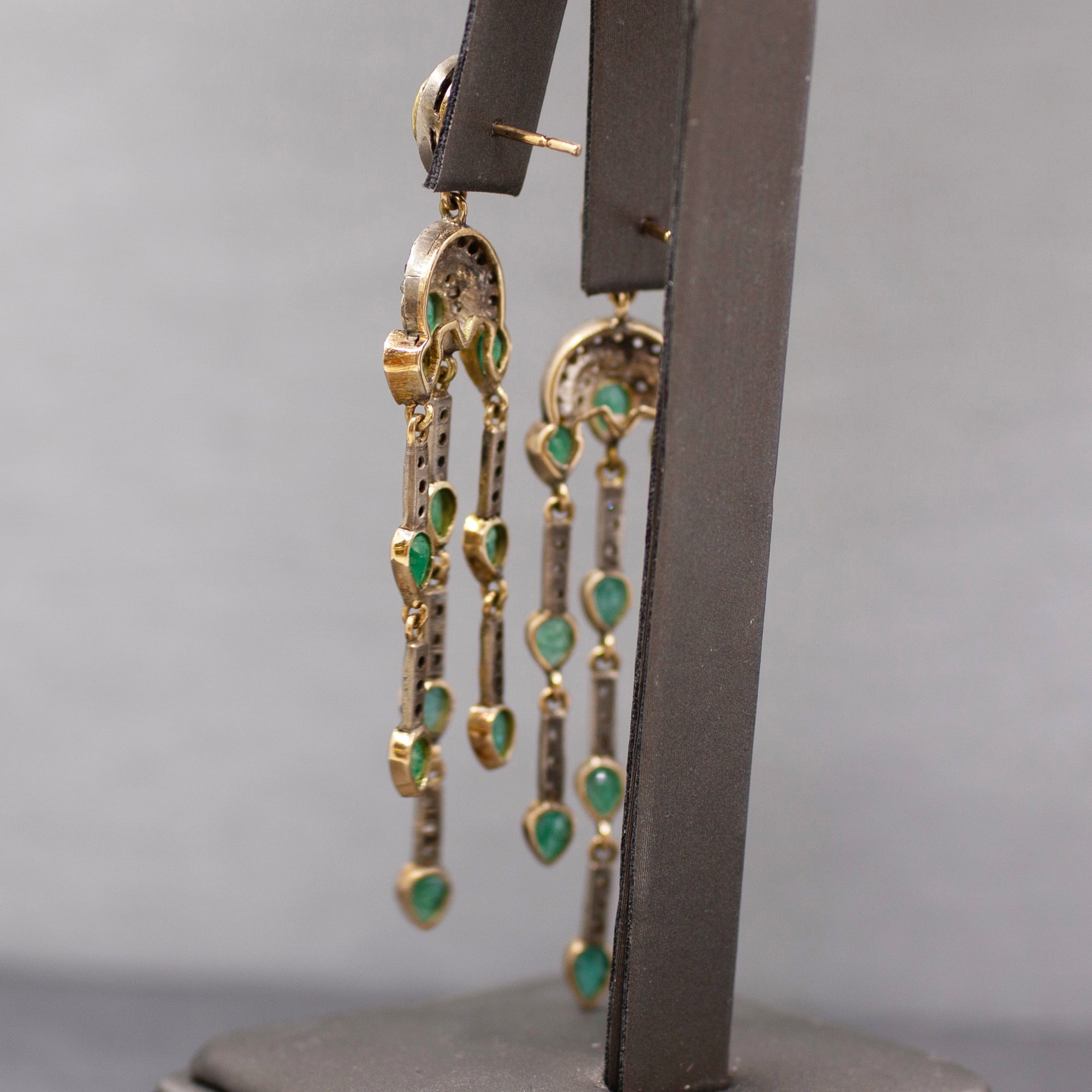 Vintage Emerald and Rose Cut Diamond Dangle Earrings in 14k and Sterling Silver