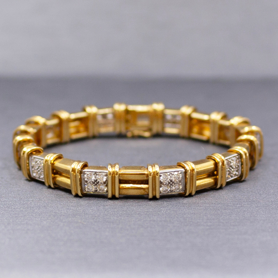 Heavy Solid 18k Yellow Gold and Platinum Diamond Link Bracelet