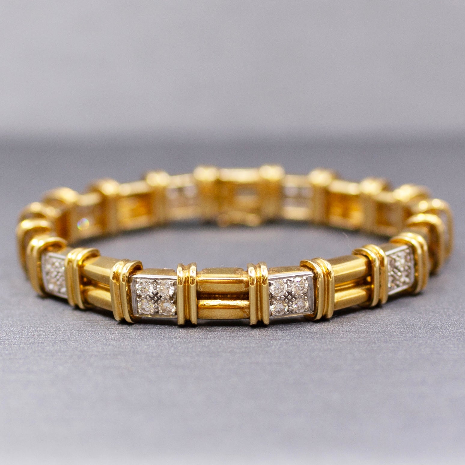 Heavy Solid 18k Yellow Gold and Platinum Diamond Link Bracelet