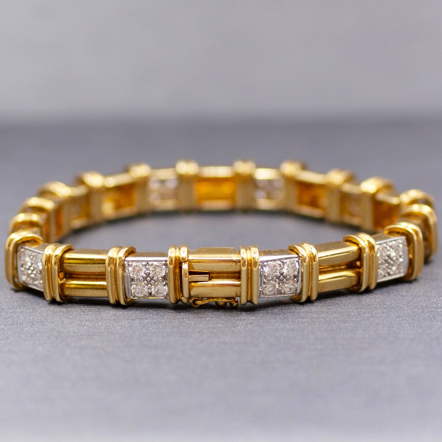 Heavy Solid 18k Yellow Gold and Platinum Diamond Link Bracelet