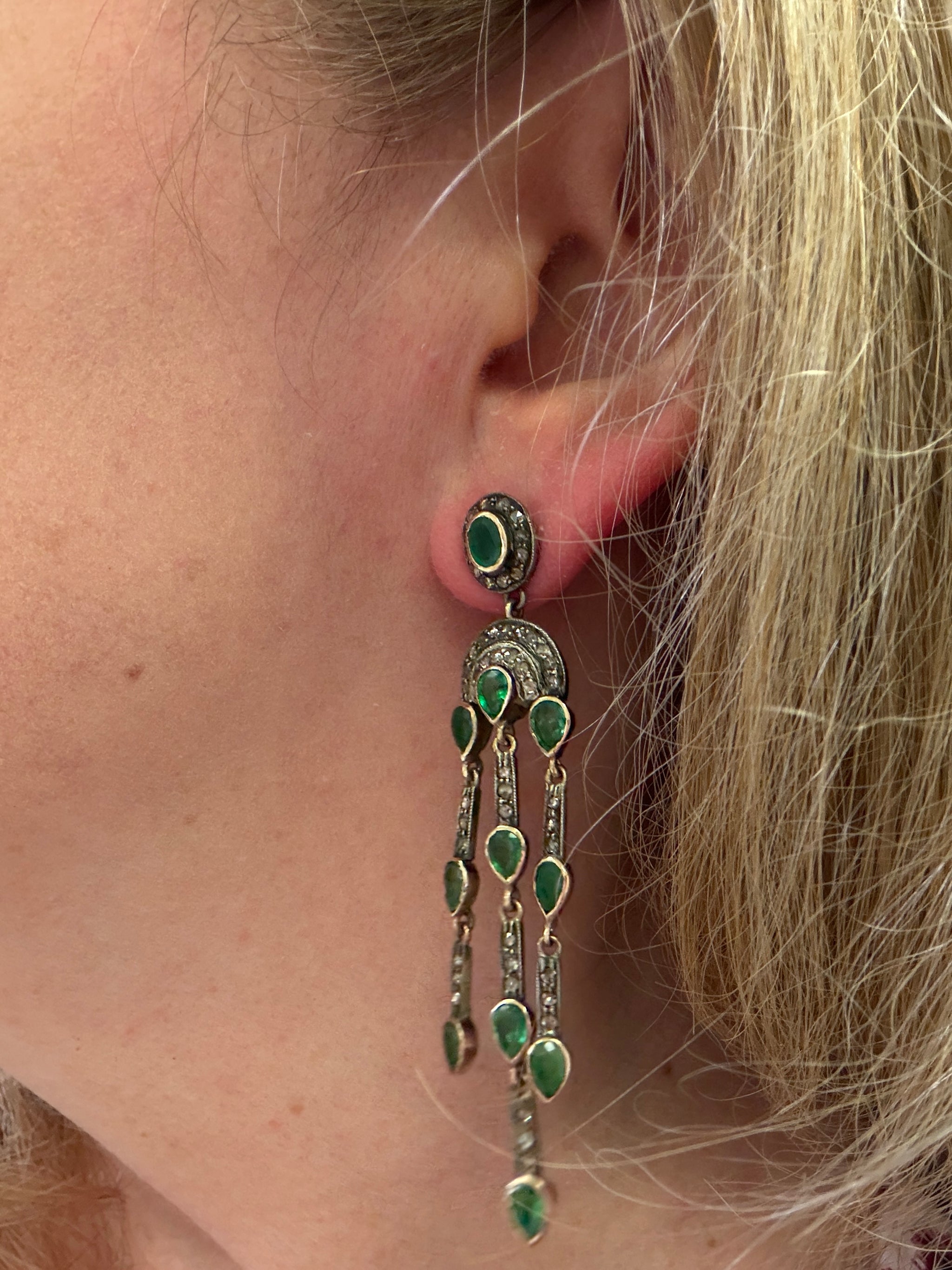 Vintage Emerald and Rose Cut Diamond Dangle Earrings in 14k and Sterling Silver