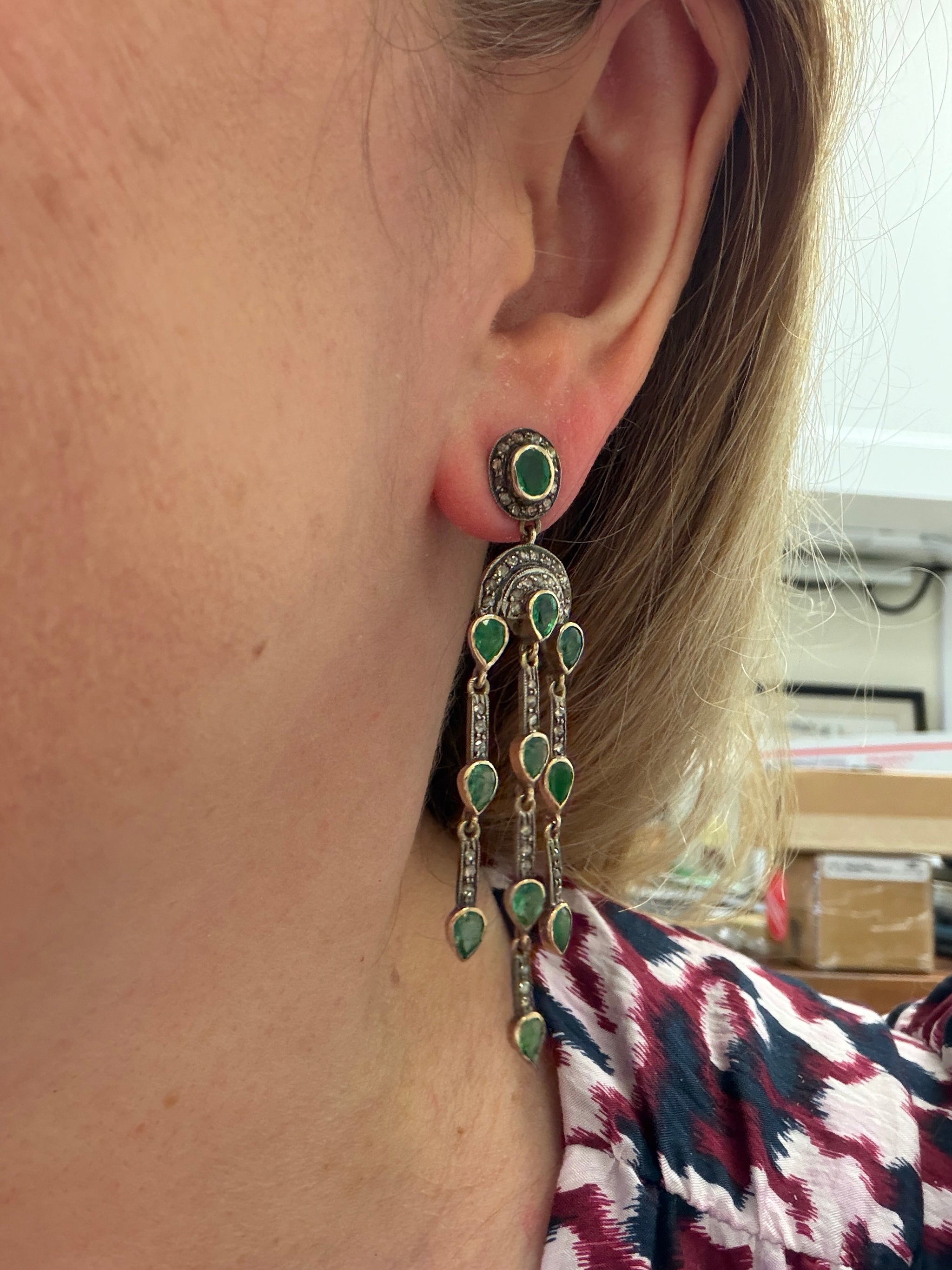 Vintage Emerald and Rose Cut Diamond Dangle Earrings in 14k and Sterling Silver