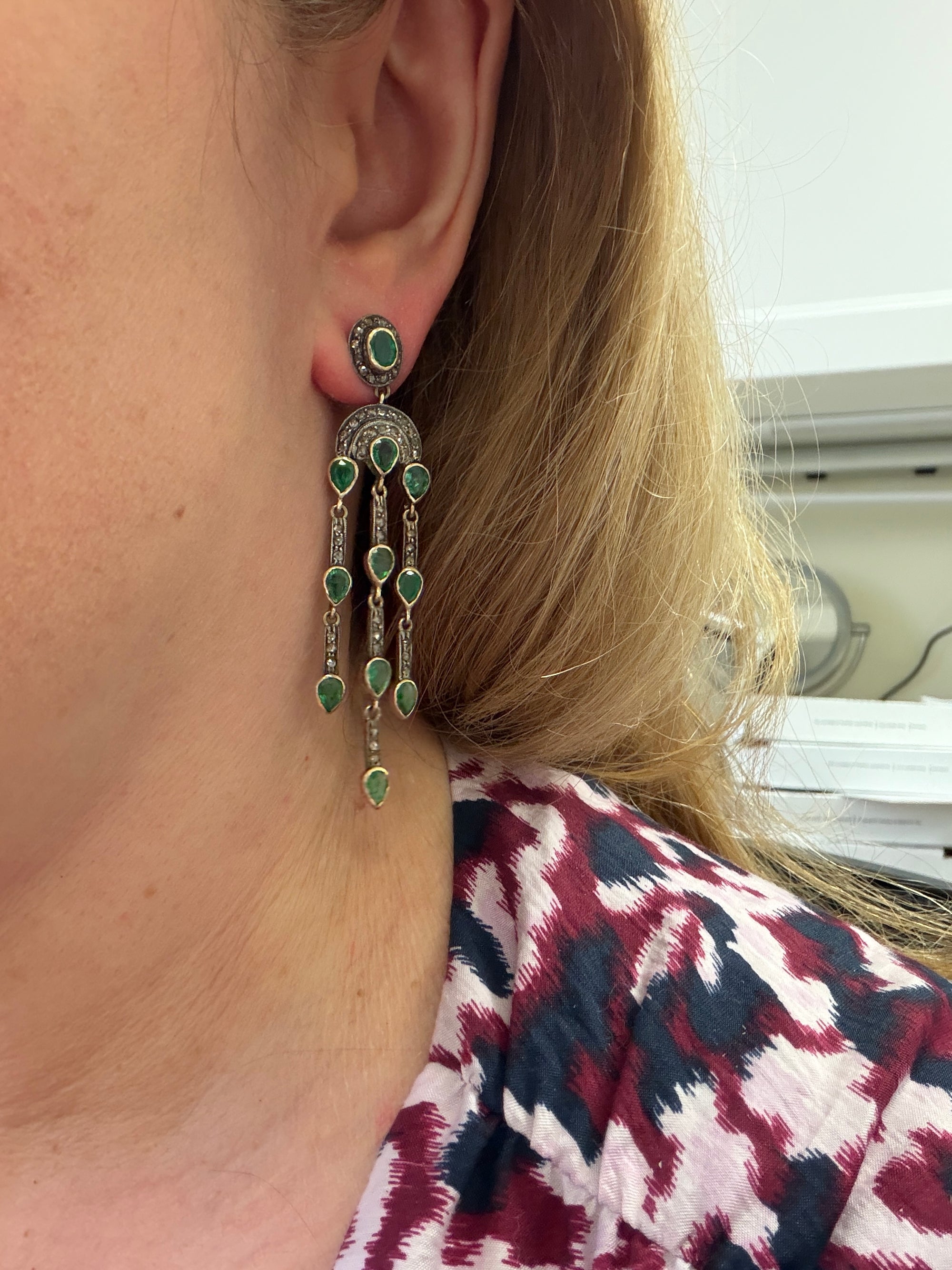 Vintage Emerald and Rose Cut Diamond Dangle Earrings in 14k and Sterling Silver