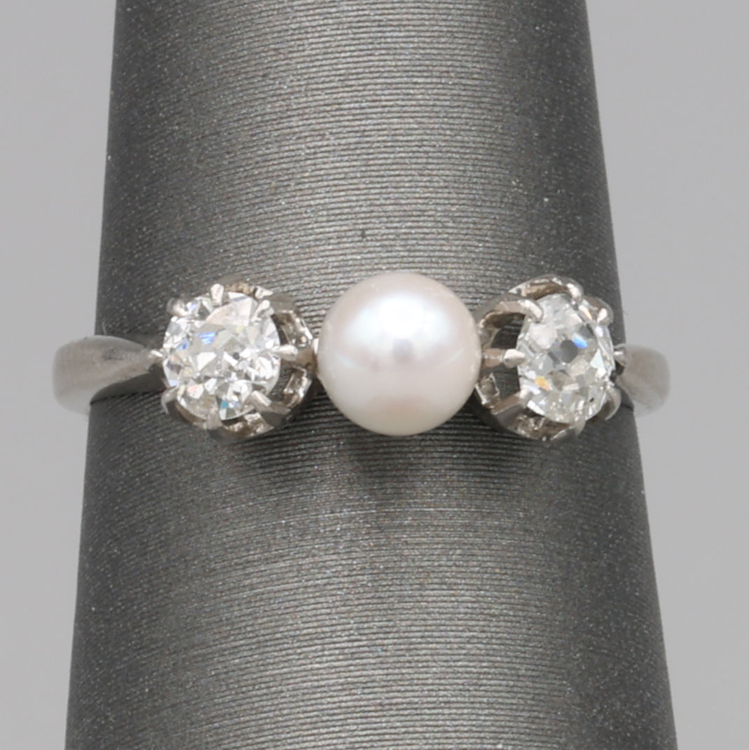 Edwardian Pearl and Old Mine Cut Diamond Three Stone Ring in Platinum