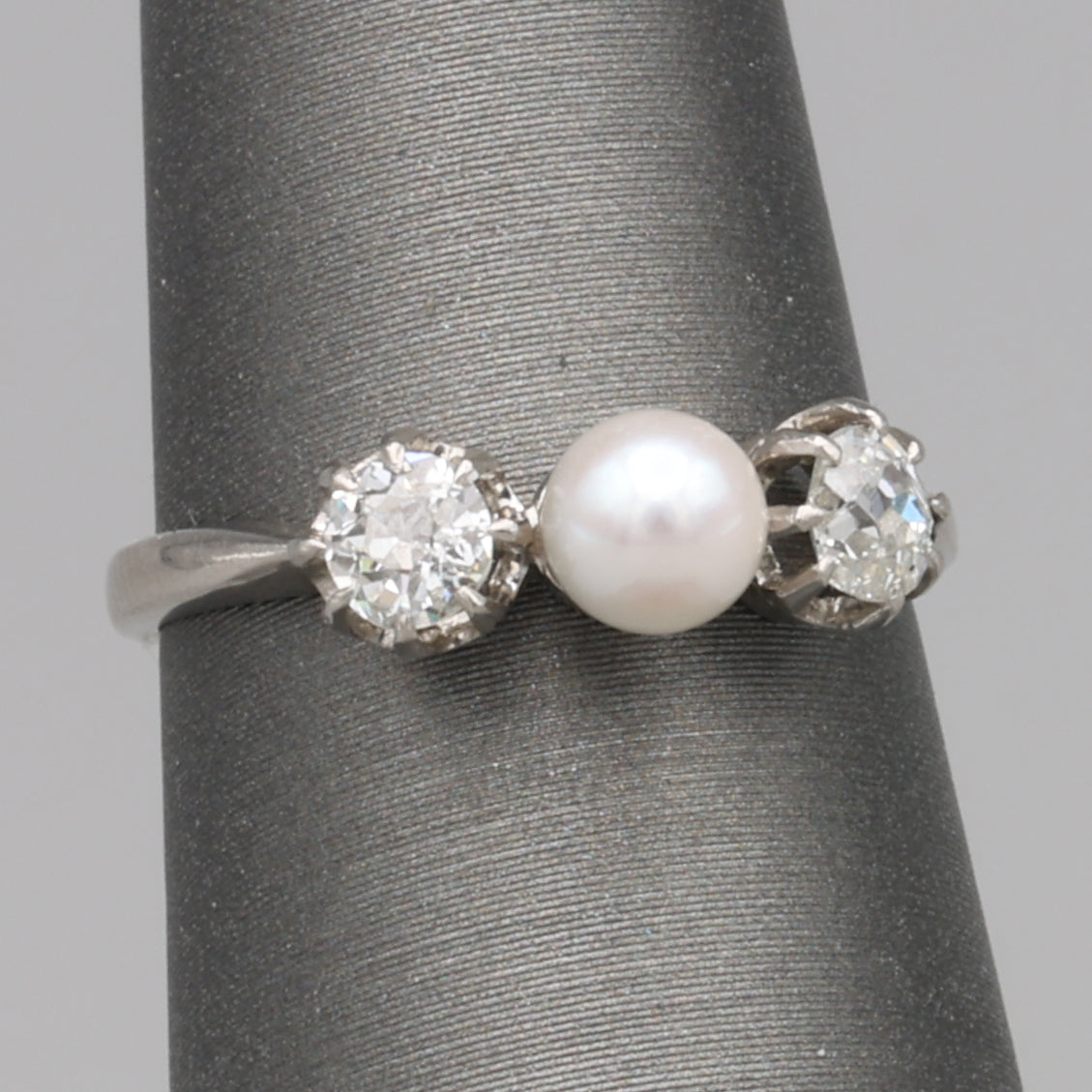 Edwardian Pearl and Old Mine Cut Diamond Three Stone Ring in Platinum