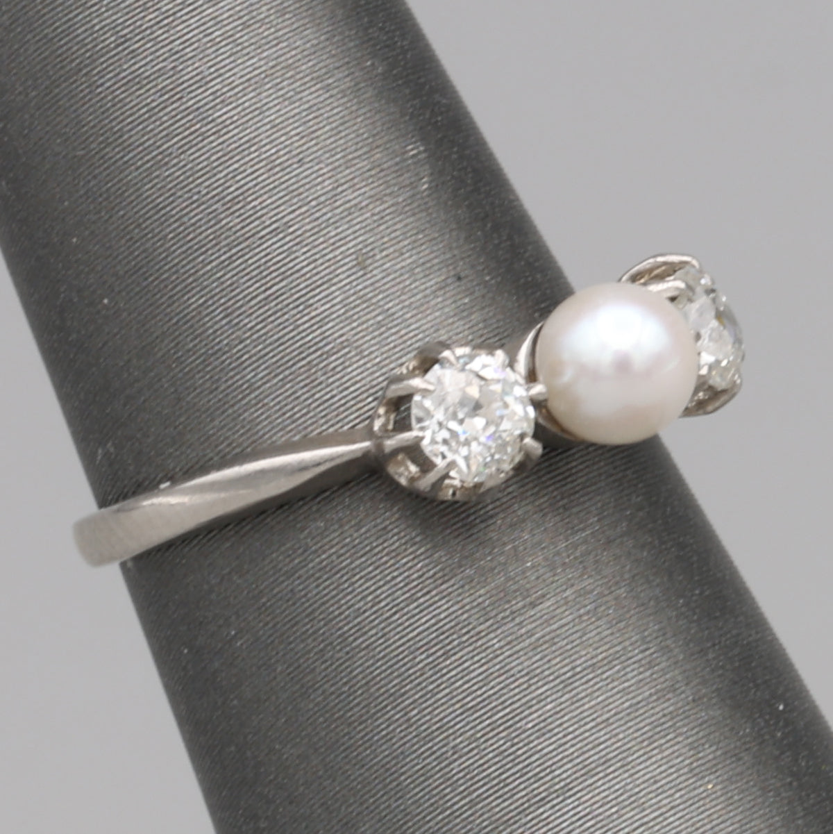 Edwardian Pearl and Old Mine Cut Diamond Three Stone Ring in Platinum