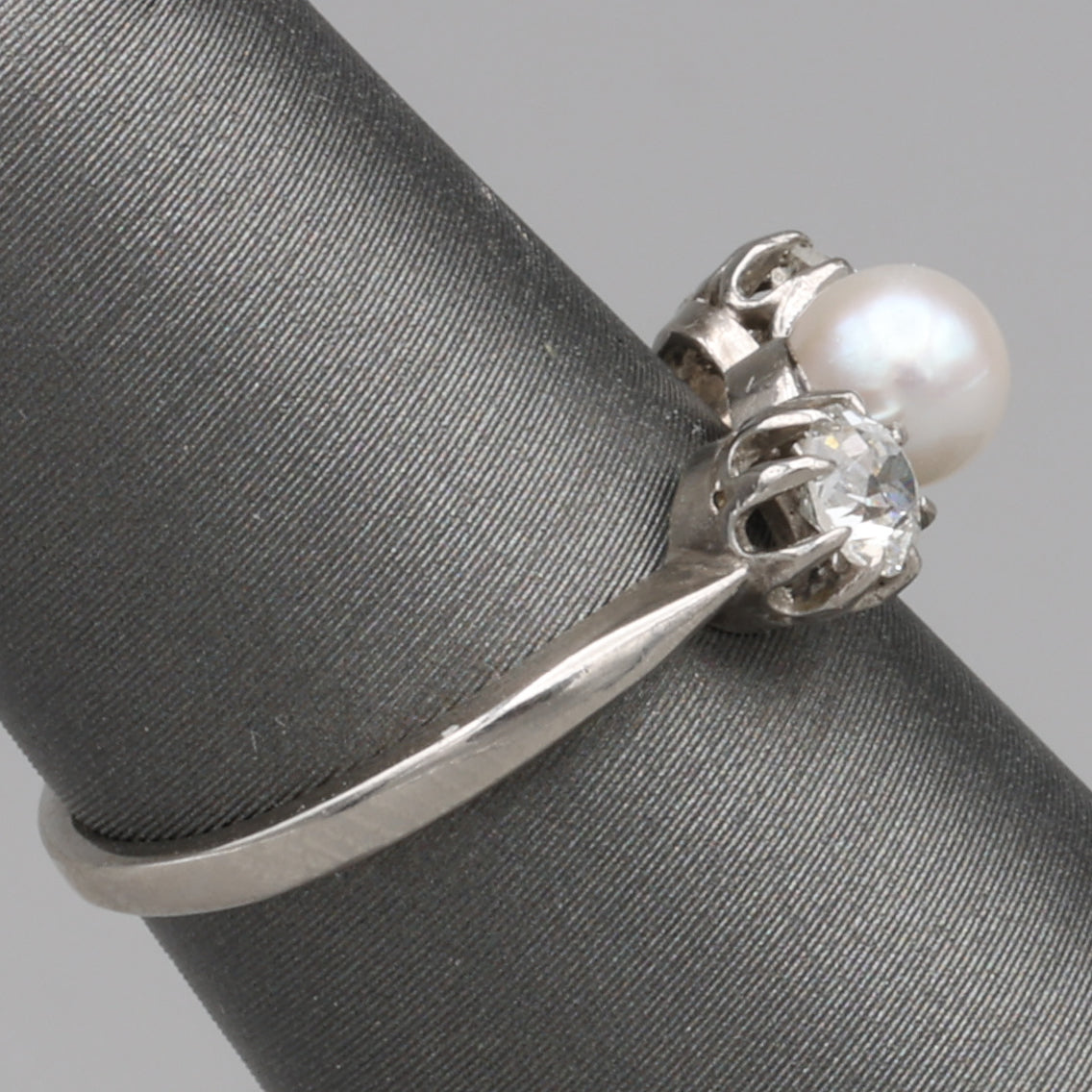 Edwardian Pearl and Old Mine Cut Diamond Three Stone Ring in Platinum