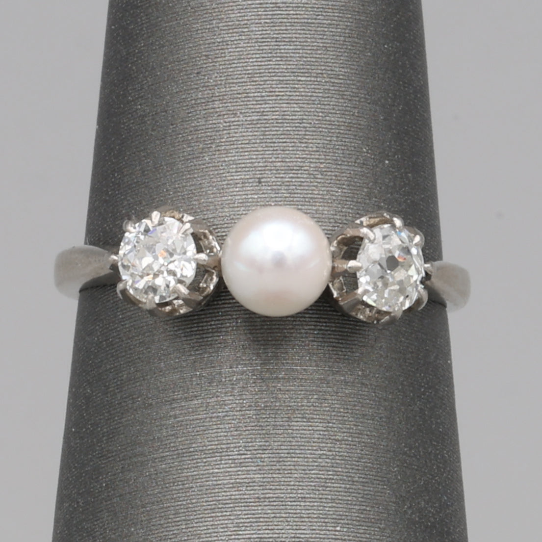 Edwardian Pearl and Old Mine Cut Diamond Three Stone Ring in Platinum