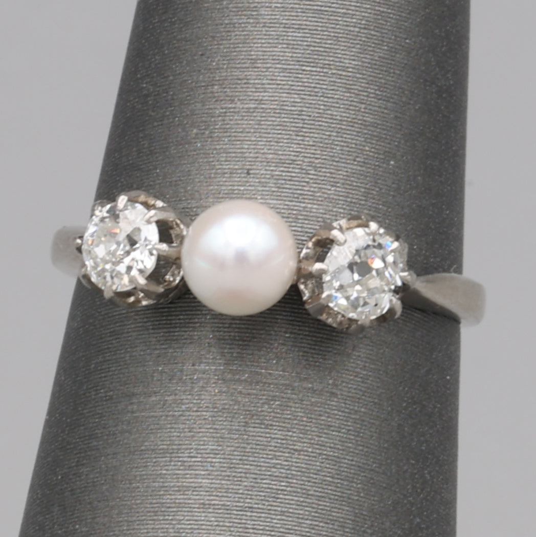 Edwardian Pearl and Old Mine Cut Diamond Three Stone Ring in Platinum