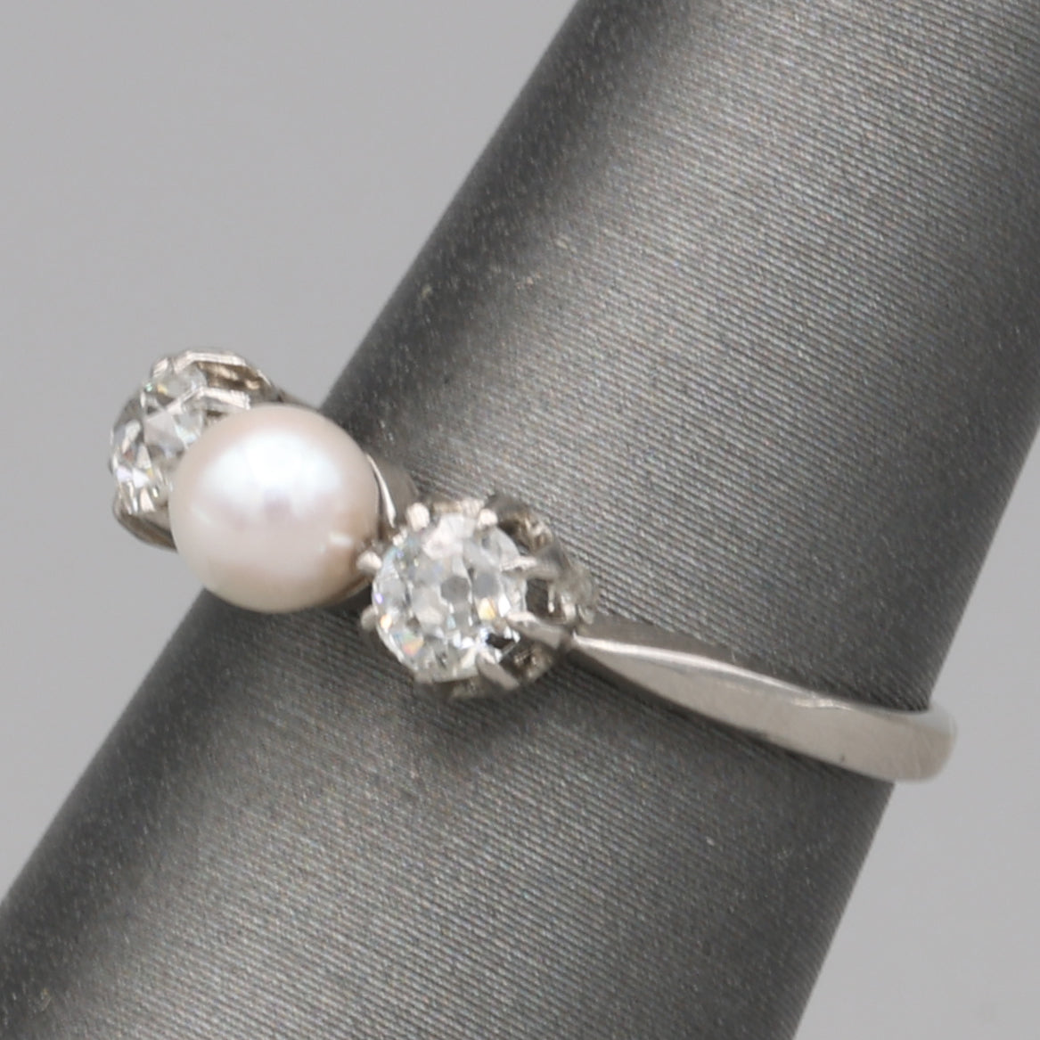 Edwardian Pearl and Old Mine Cut Diamond Three Stone Ring in Platinum