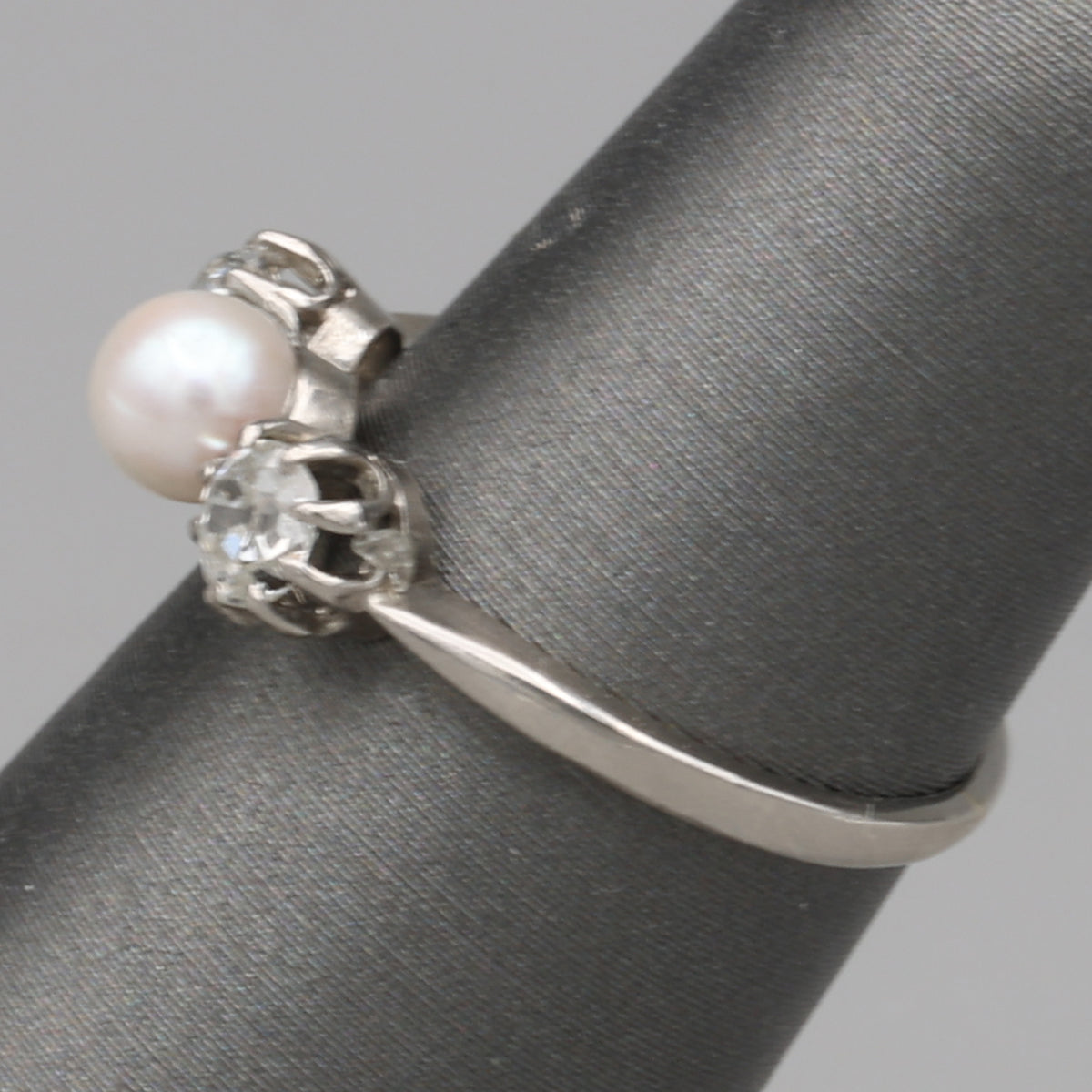 Edwardian Pearl and Old Mine Cut Diamond Three Stone Ring in Platinum