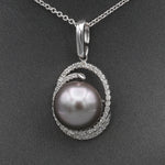 Silver South Sea Pearl and Diamond Pendant Necklace in 14k White Gold
