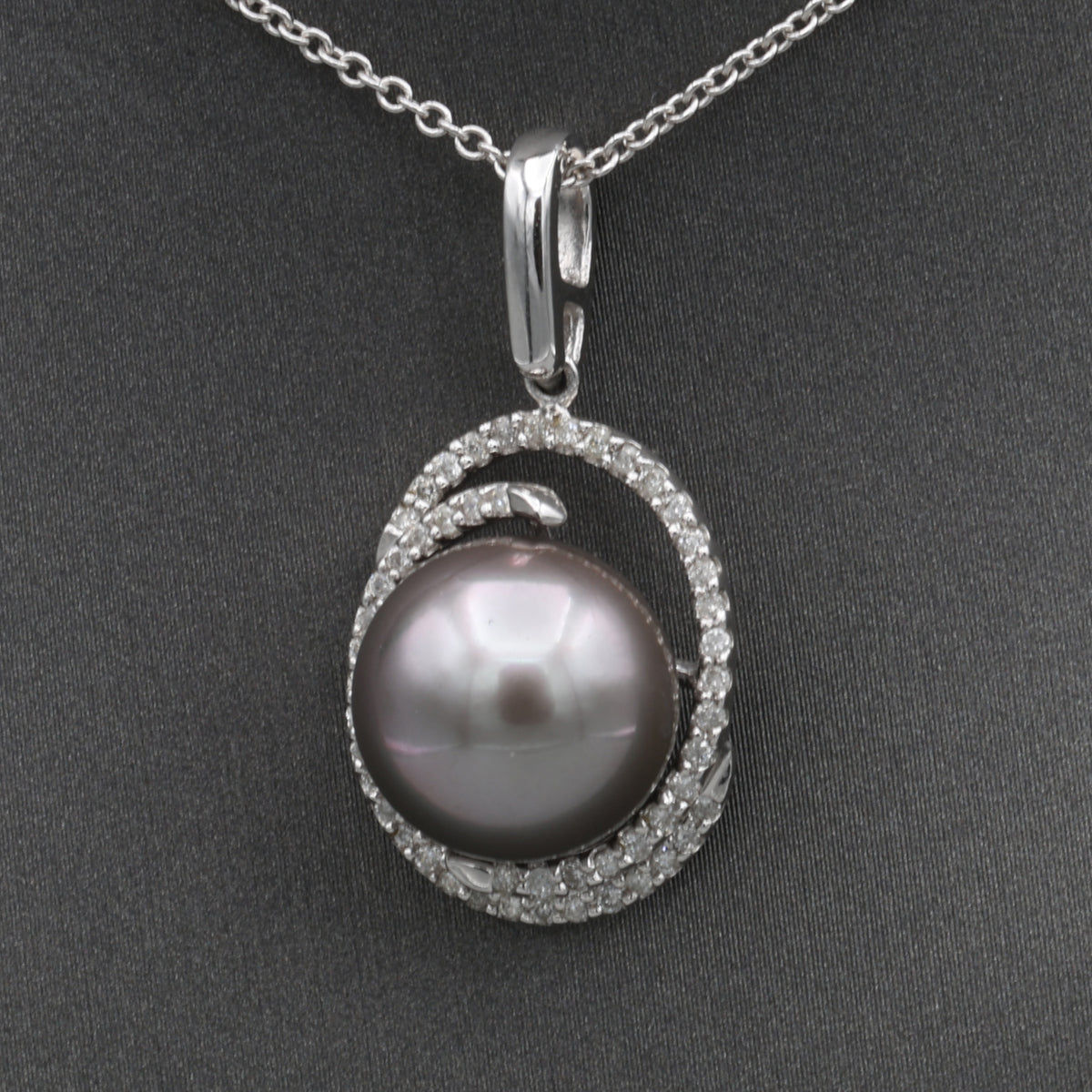 Silver South Sea Pearl and Diamond Pendant Necklace in 14k White Gold