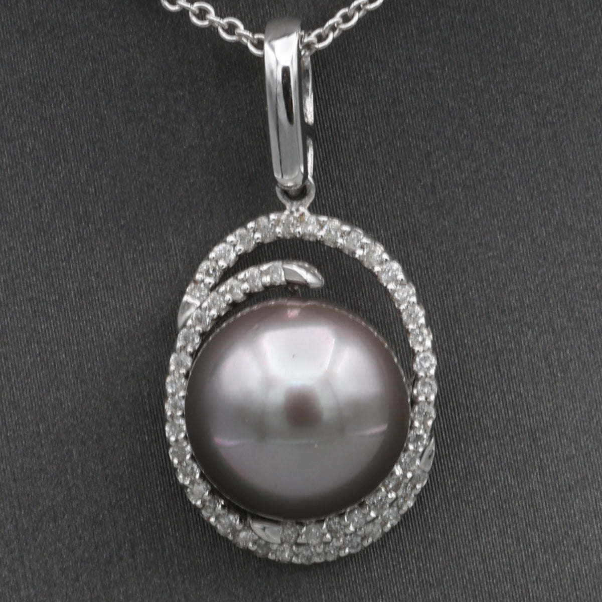 Silver South Sea Pearl and Diamond Pendant Necklace in 14k White Gold