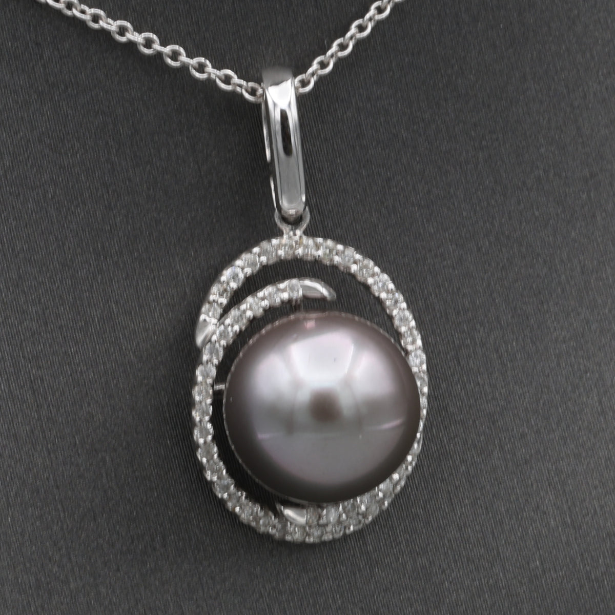 Silver South Sea Pearl and Diamond Pendant Necklace in 14k White Gold
