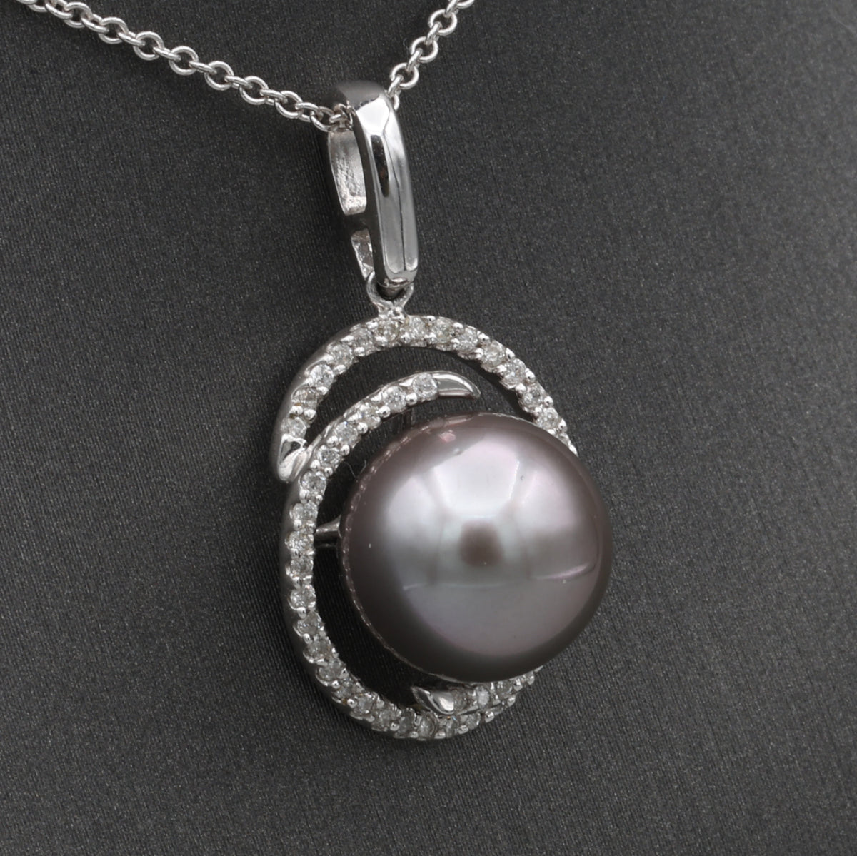 Silver South Sea Pearl and Diamond Pendant Necklace in 14k White Gold