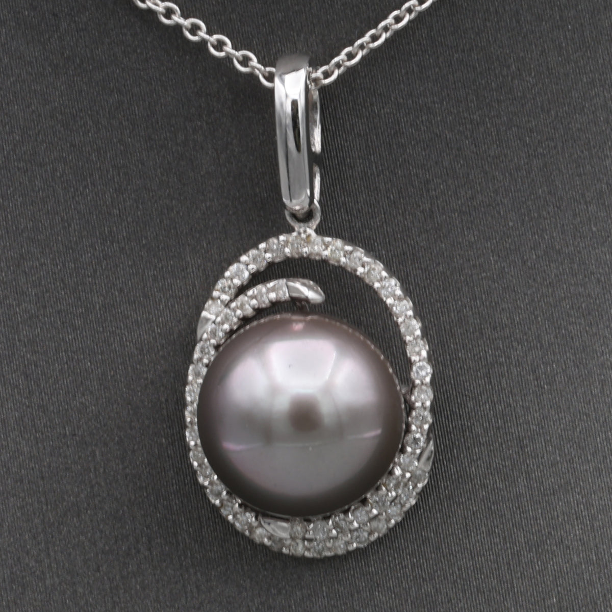Silver South Sea Pearl and Diamond Pendant Necklace in 14k White Gold
