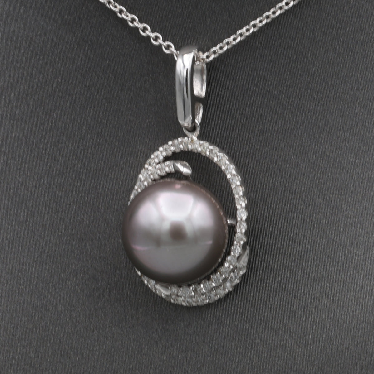 Silver South Sea Pearl and Diamond Pendant Necklace in 14k White Gold