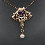 Victorian Amethyst and Pearl Drop Lavalier Necklace in 14k Yellow Gold