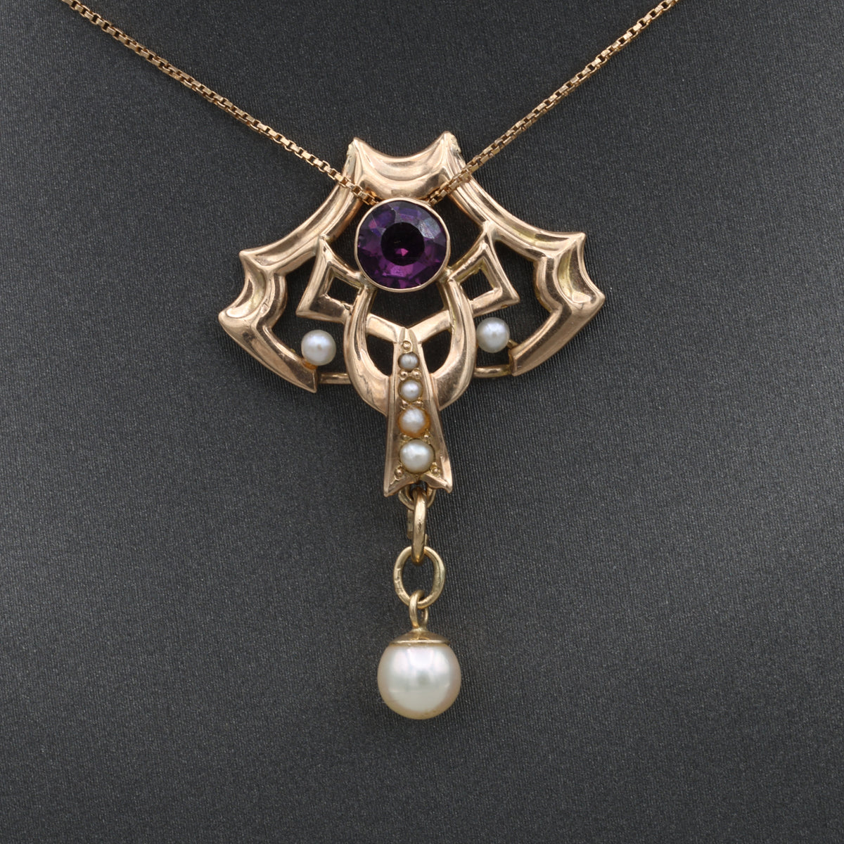 Victorian Amethyst and Pearl Drop Lavalier Necklace in 14k Yellow Gold