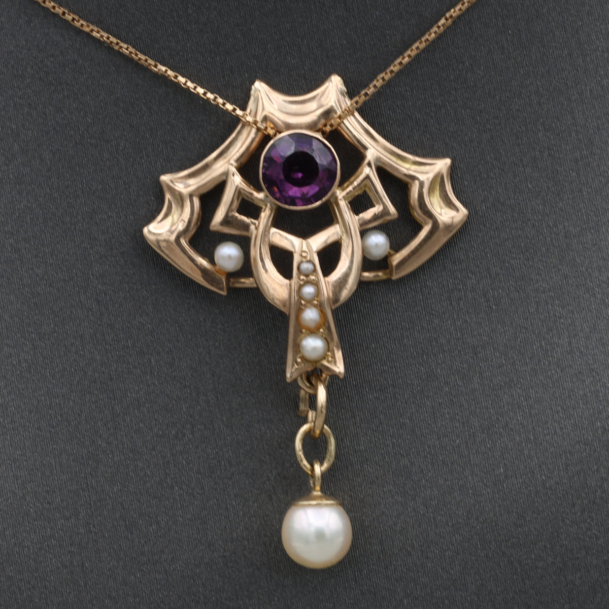 Victorian Amethyst and Pearl Drop Lavalier Necklace in 14k Yellow Gold