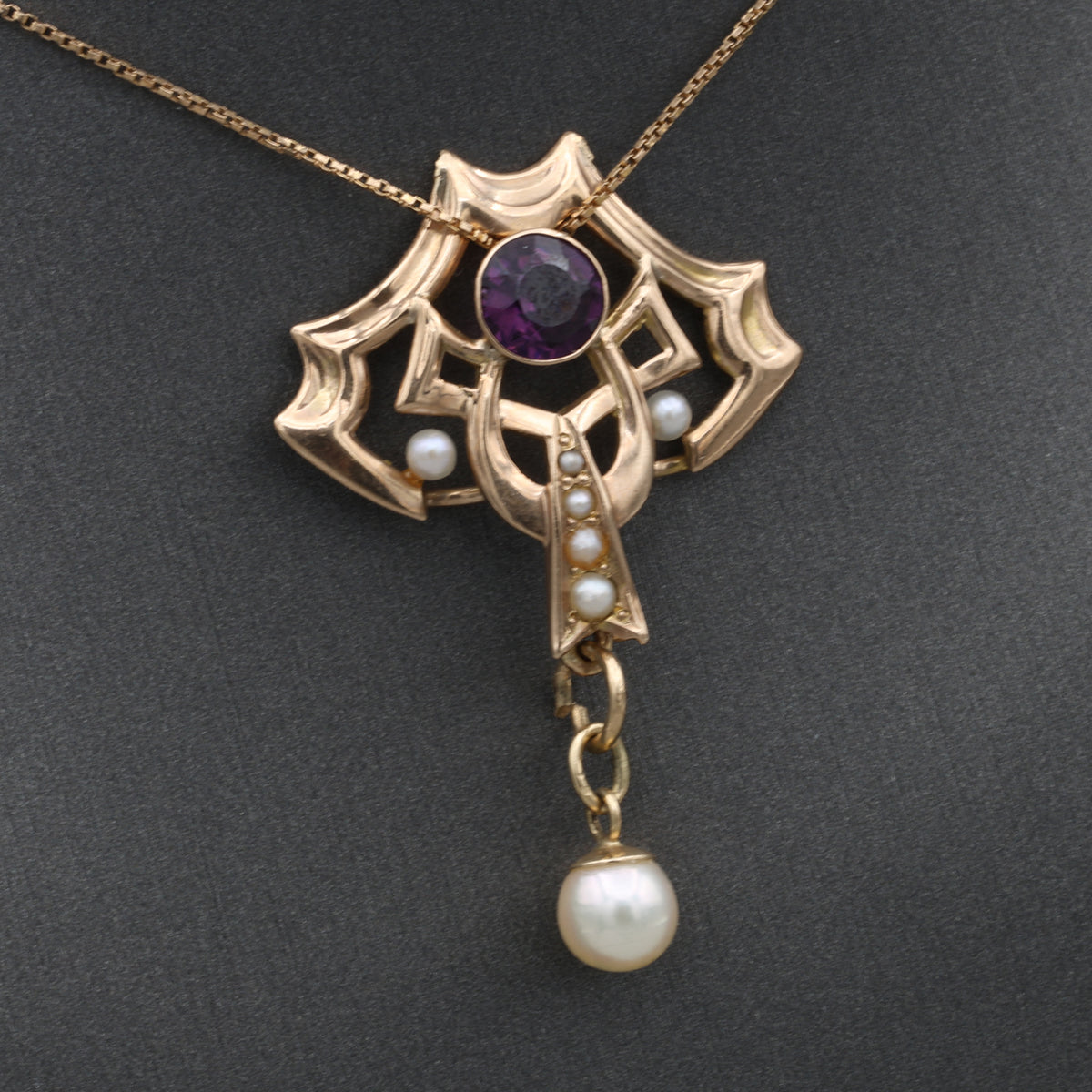 Victorian Amethyst and Pearl Drop Lavalier Necklace in 14k Yellow Gold