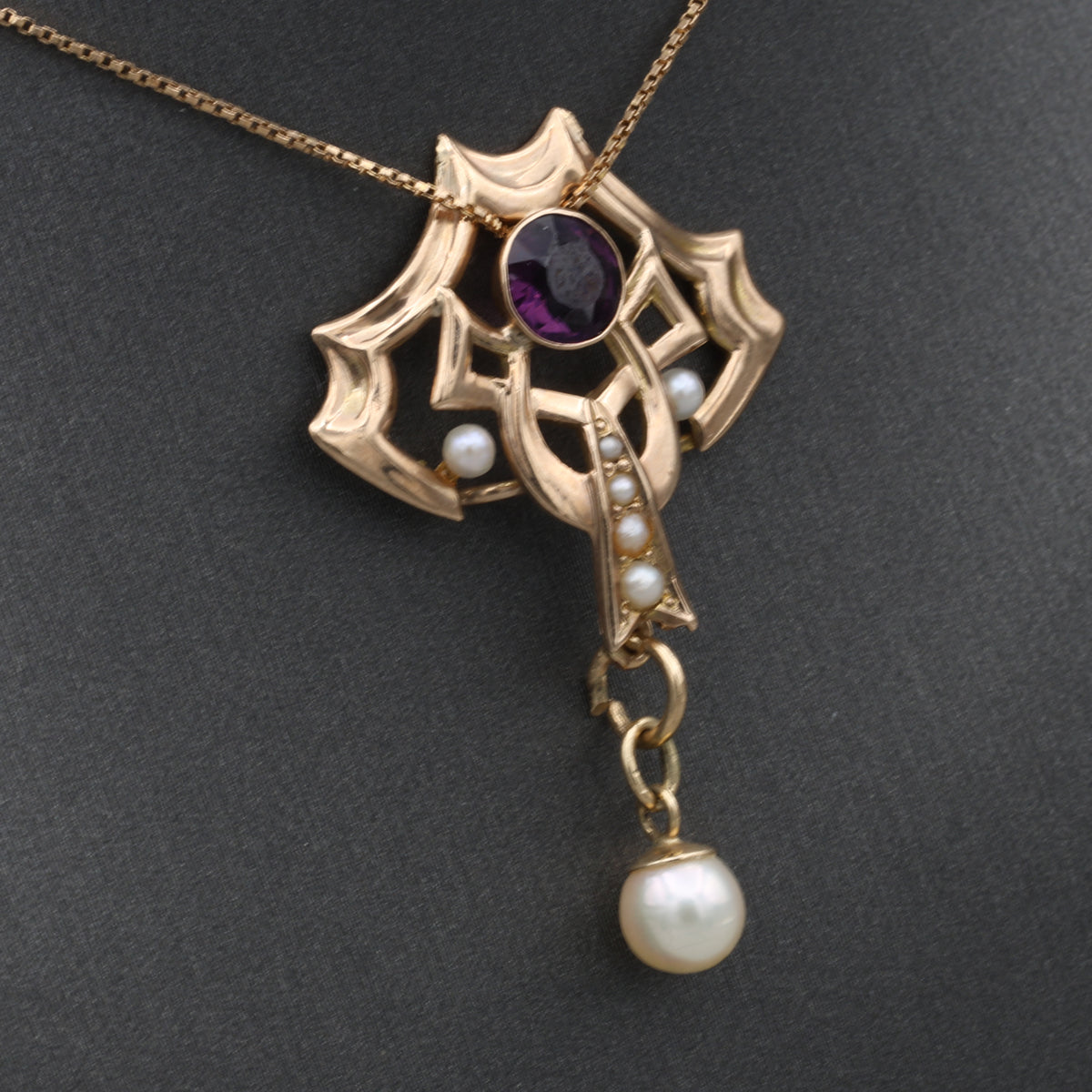 Victorian Amethyst and Pearl Drop Lavalier Necklace in 14k Yellow Gold