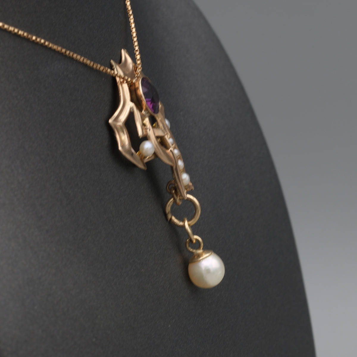 Victorian Amethyst and Pearl Drop Lavalier Necklace in 14k Yellow Gold
