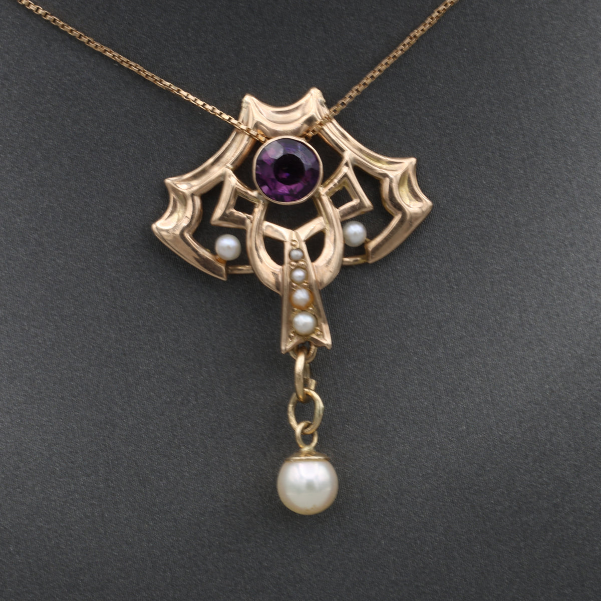 Victorian Amethyst and Pearl Drop Lavalier Necklace in 14k Yellow Gold