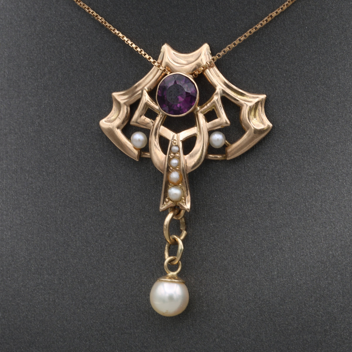 Victorian Amethyst and Pearl Drop Lavalier Necklace in 14k Yellow Gold