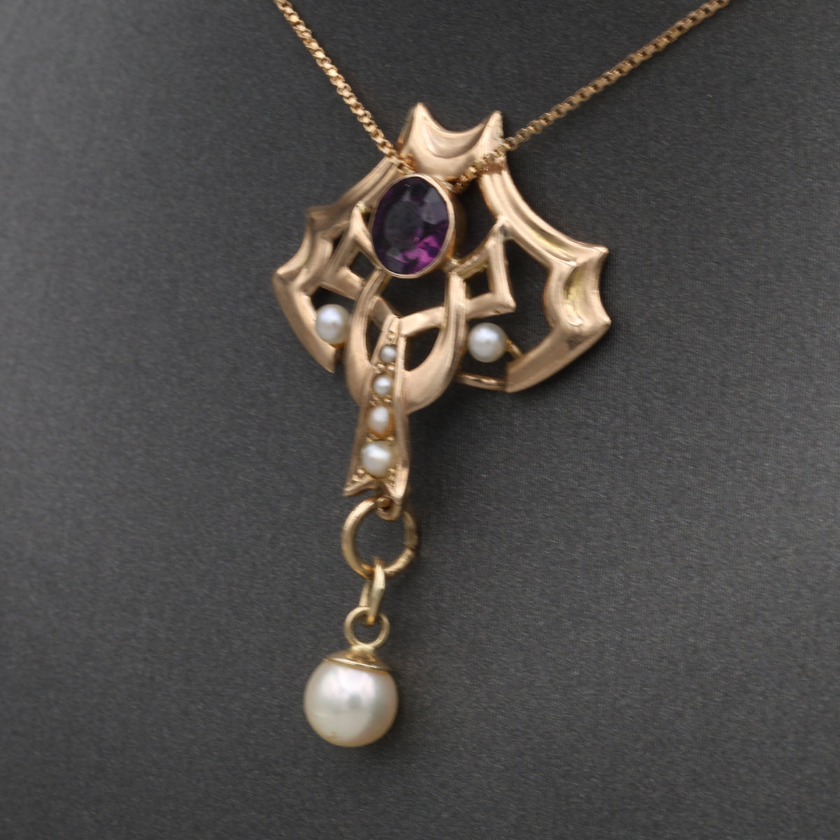 Victorian Amethyst and Pearl Drop Lavalier Necklace in 14k Yellow Gold