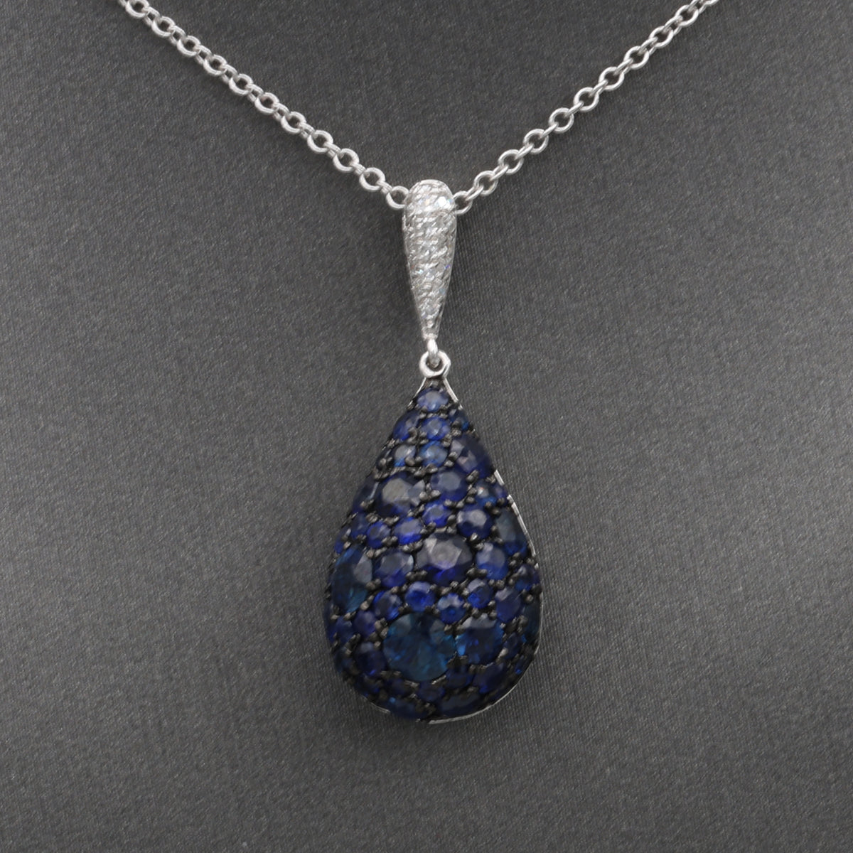 Sparkling Sapphire and Diamond Pear Drop Pendant Necklace in 14k White Gold