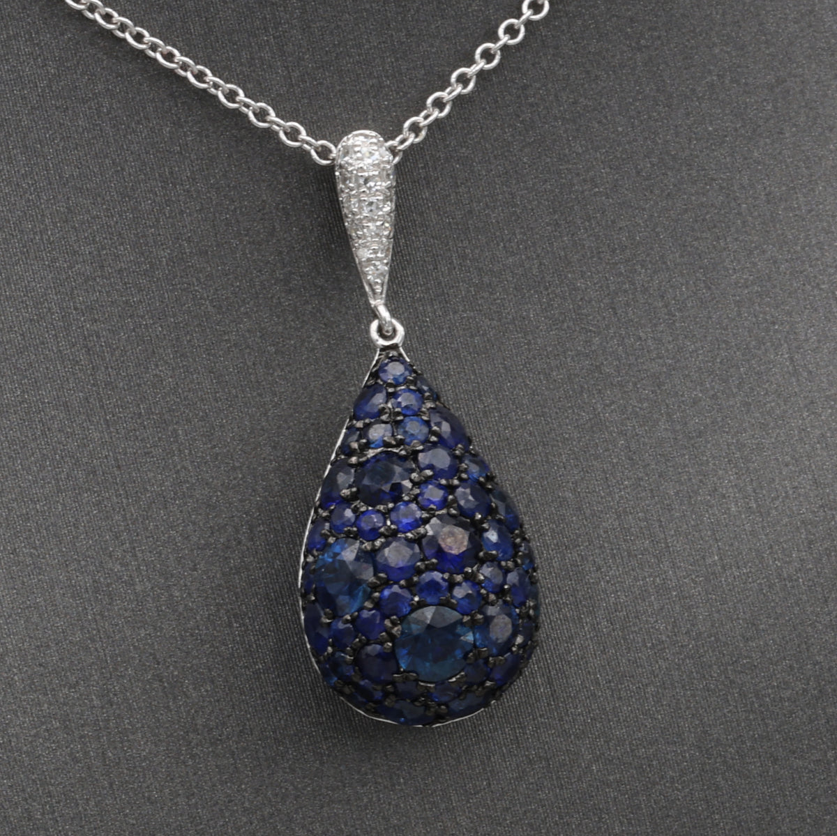 Sparkling Sapphire and Diamond Pear Drop Pendant Necklace in 14k White Gold
