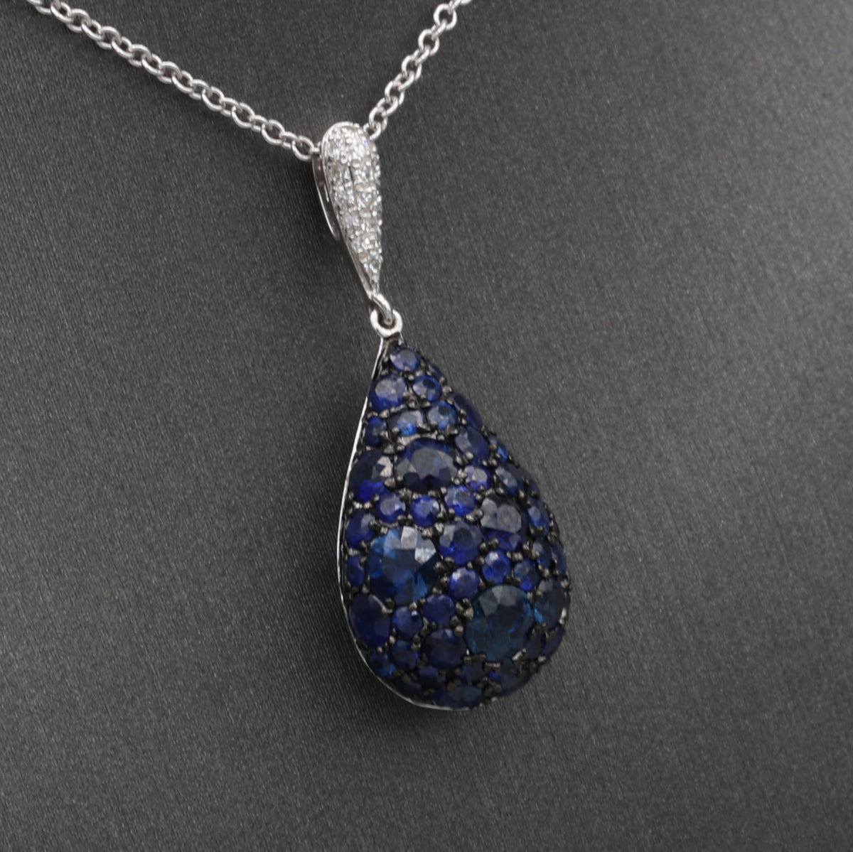 Sparkling Sapphire and Diamond Pear Drop Pendant Necklace in 14k White Gold