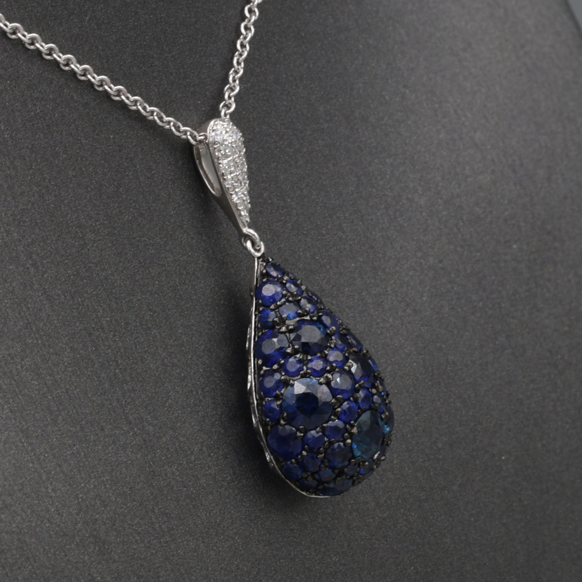 Sparkling Sapphire and Diamond Pear Drop Pendant Necklace in 14k White Gold